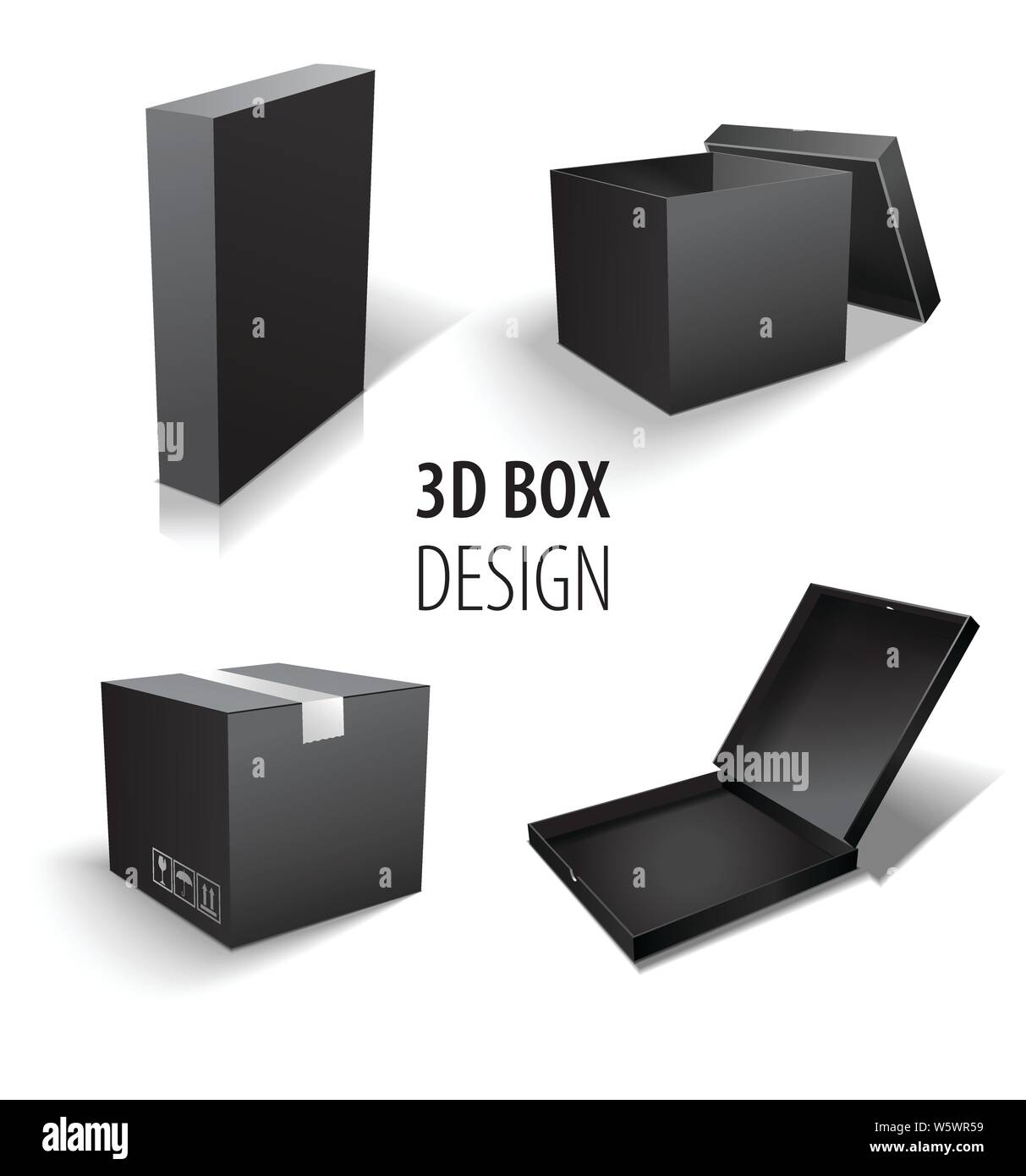 Carton packaging box. Brown delivery set of different sized packages with postal signs of fragile vector illustration. Stock Vector
