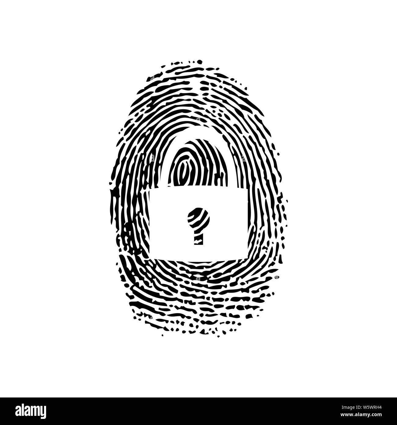 Black fingerprint with closed padlok symbol isolated on white background Stock Vector