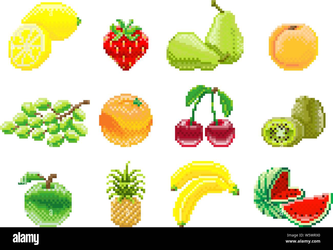 Pixel Fruits For Games Icons Vector Set Stock Illustration - Download Image  Now - 2015, Apple - Fruit, Banana - iStock