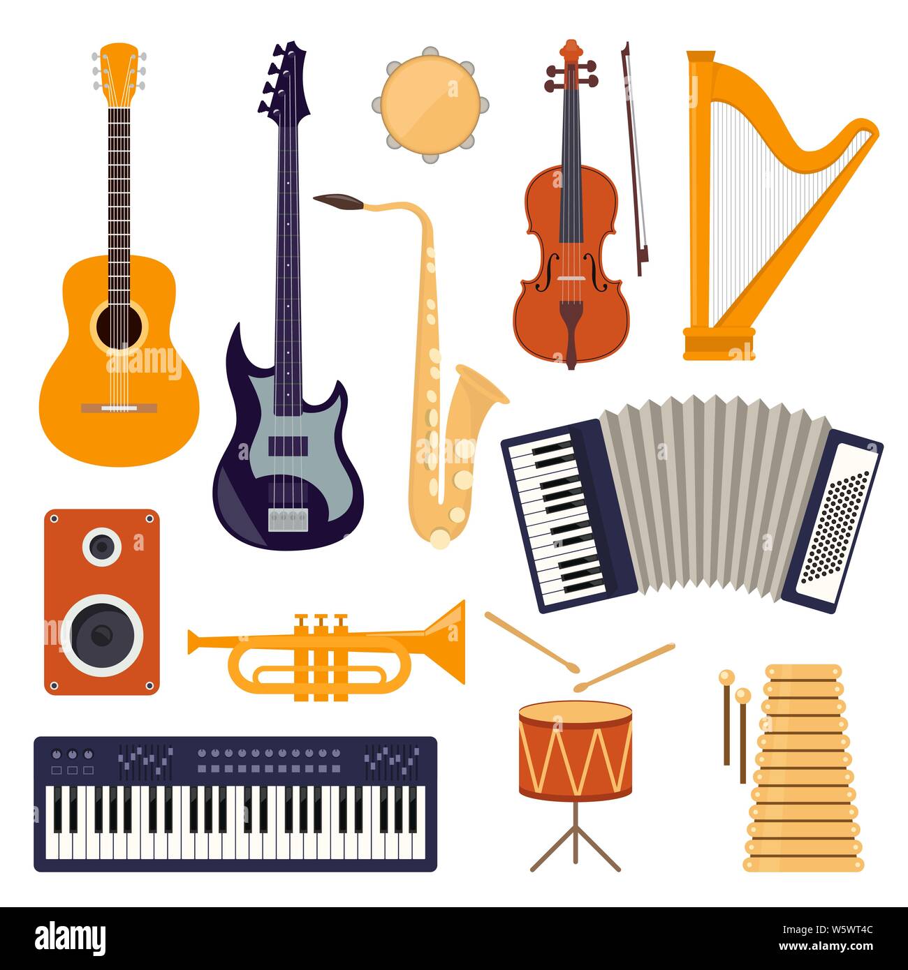 Set of vector modern flat design musical instruments and tools. Guitar,  synthesizer, violin, cello, drum, cymbals, saxophone, accordion, tambourine  tr Stock Vector Image & Art - Alamy