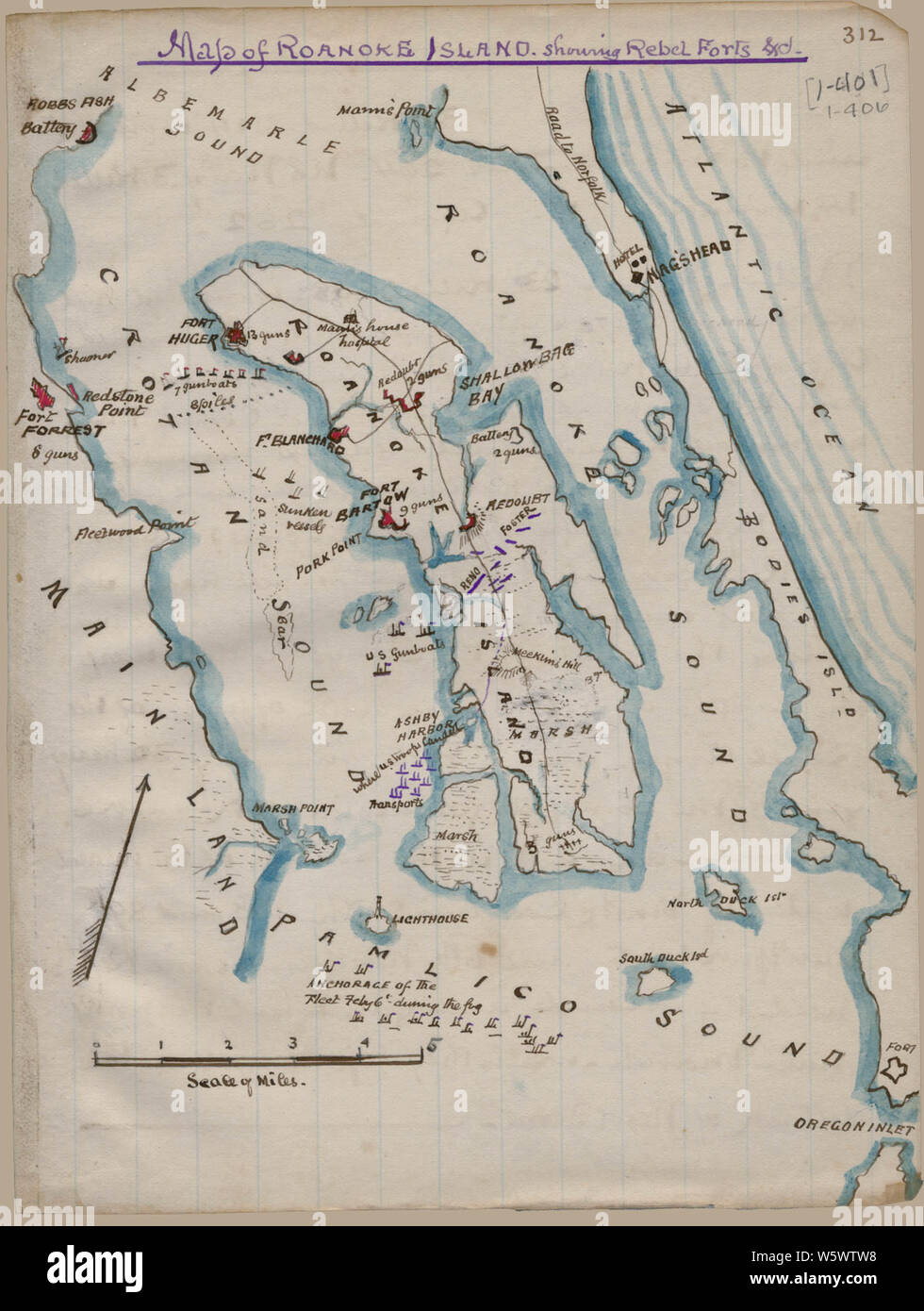 Civil War Maps 0793 Map of Roanoke Island showing Rebel forts Rebuild and Repair Stock Photo