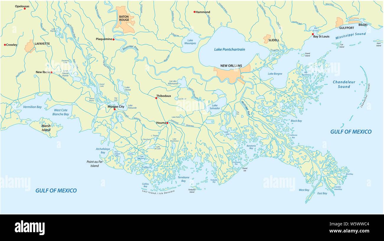 Detailed map of the Mississippi River Delta in the US state of Louisiana Stock Vector