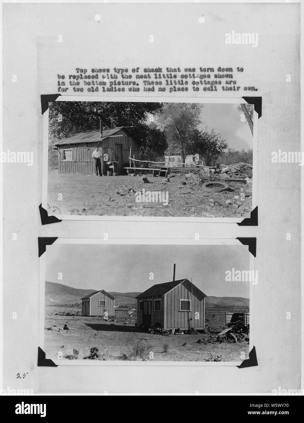 Photographs, with captions, of old and new homes for Native Americans, from Annual Report of Extension Workers...Sacramento Indian Agency [California] From January 1, 1936, to December 31, 1936. Stock Photo