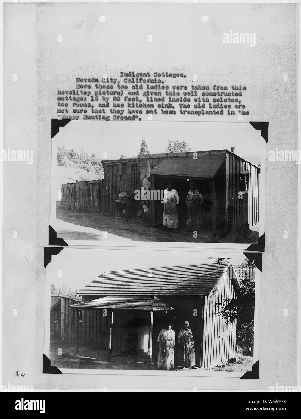 Photographs, with captions, of old and new homes, Nevada City, California, from Annual Report of Extension Workers...Sacramento Indian Agency [California] From January 1, 1936, to December 31, 1936. Stock Photo