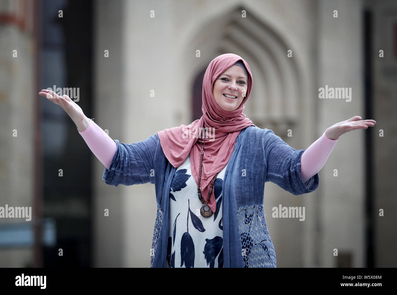 Journalist and human rights activist Lauren Booth outside Edinburgh Central Mosque ahead of her Edinburgh Fringe one woman show 'Accidentally Muslim' which will be performed at the Gilded Balloon throughout the Edinburgh Festival. Stock Photo