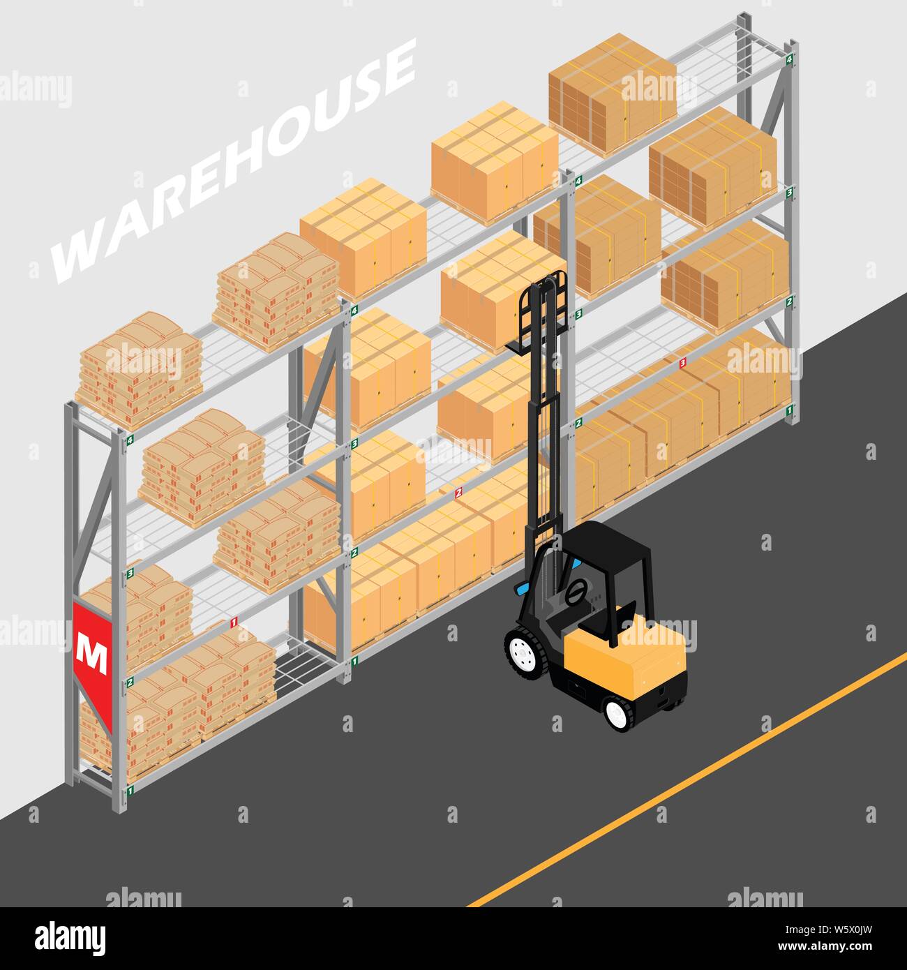 Warehouse interior with shelves, pallets, forklift and boxes. Logistic ...