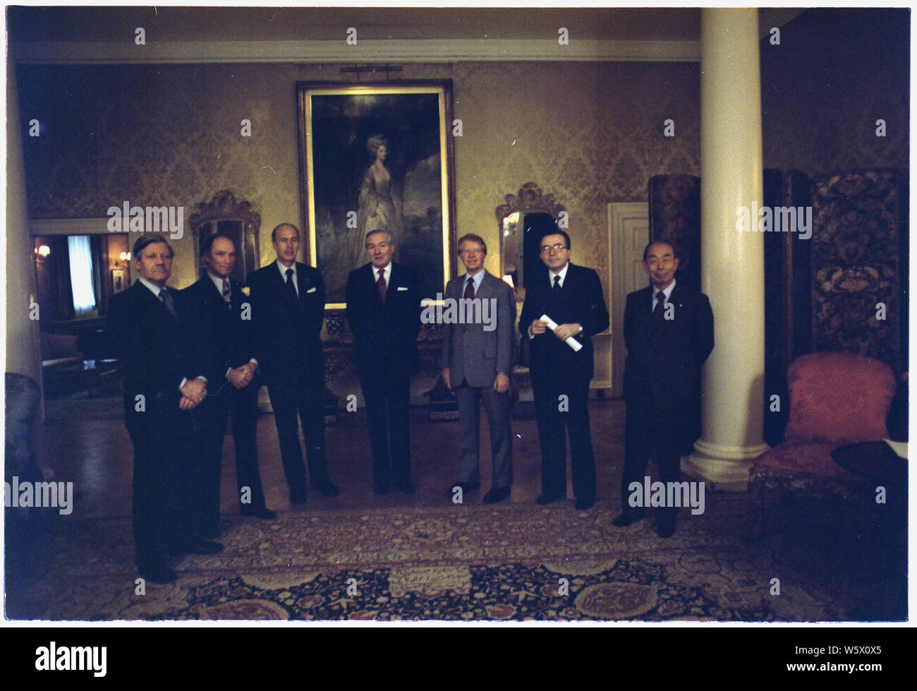 Portrait of G7 leaders, Helmut Schmidt, Pierre Trudeau, Valery Giscard d'Estaing, James Callaghan, Jimmy Carter, Giulio Andreotti and Takeo Fukuda. Stock Photo