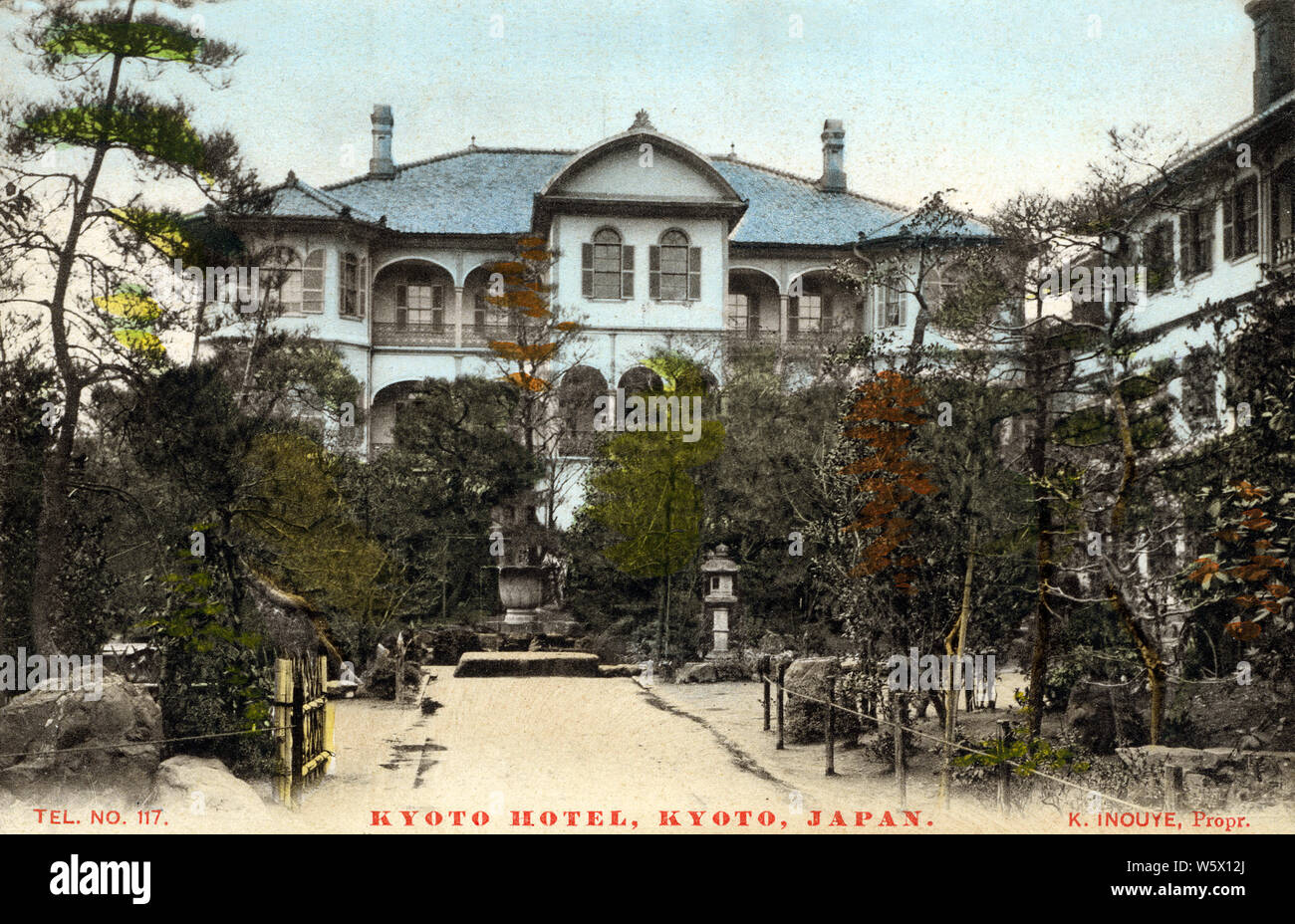 [ 1900s Japan - Kyoto Hotel ] —   The Kyoto Hotel in Kyoto City. The hotel was opened as the Tokiwa Hotel by Matakichi Maeda on April 14, 1890 (Meiji 23). The name was changed to the Kyoto Hotel in 1895 (Meiji 28). The building on this postcard was designed by Jimbee Kawashima (1853-1910). The hotel was owned by Kitaro Inoue from 1895 to 1927. A modern building replaced the traditional building in 1994 (Heisei 6).  20th century vintage postcard. Stock Photo