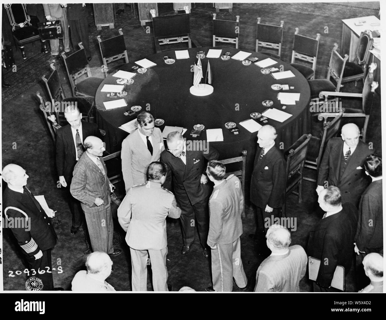 President Harry S. Truman greeting Soviet leader Josef Stalin at the start of the third day of the Potsdam Conference in Germany. They are in the conference room at Cecilienhof Palace. Stock Photo