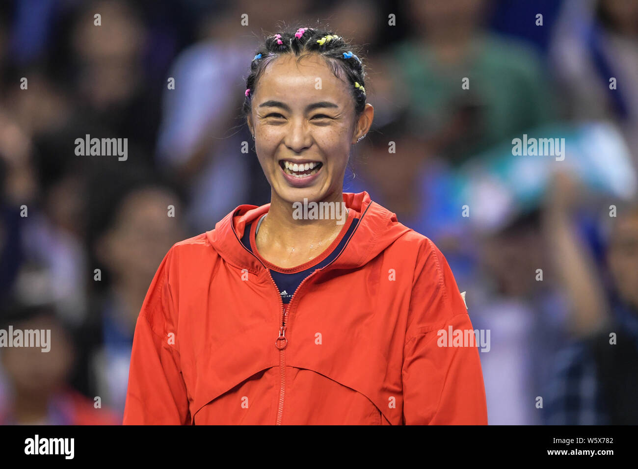 Wang Qiang of China celebrates after defeating Madison Keys of the United States after their group match during the Hengqin Life WTA Elite Trophy Zhuh Stock Photo