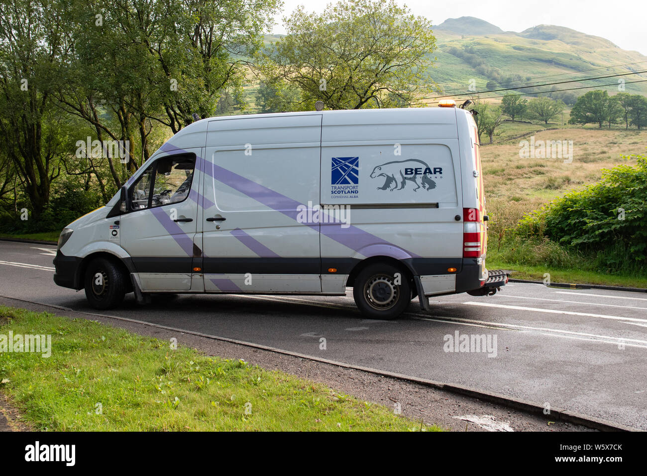 Bear Scotland van on A82 road closed near Tarbet due to road traffic accident, Tarbet,  Argyll and Bute, Scotland, UK Stock Photo
