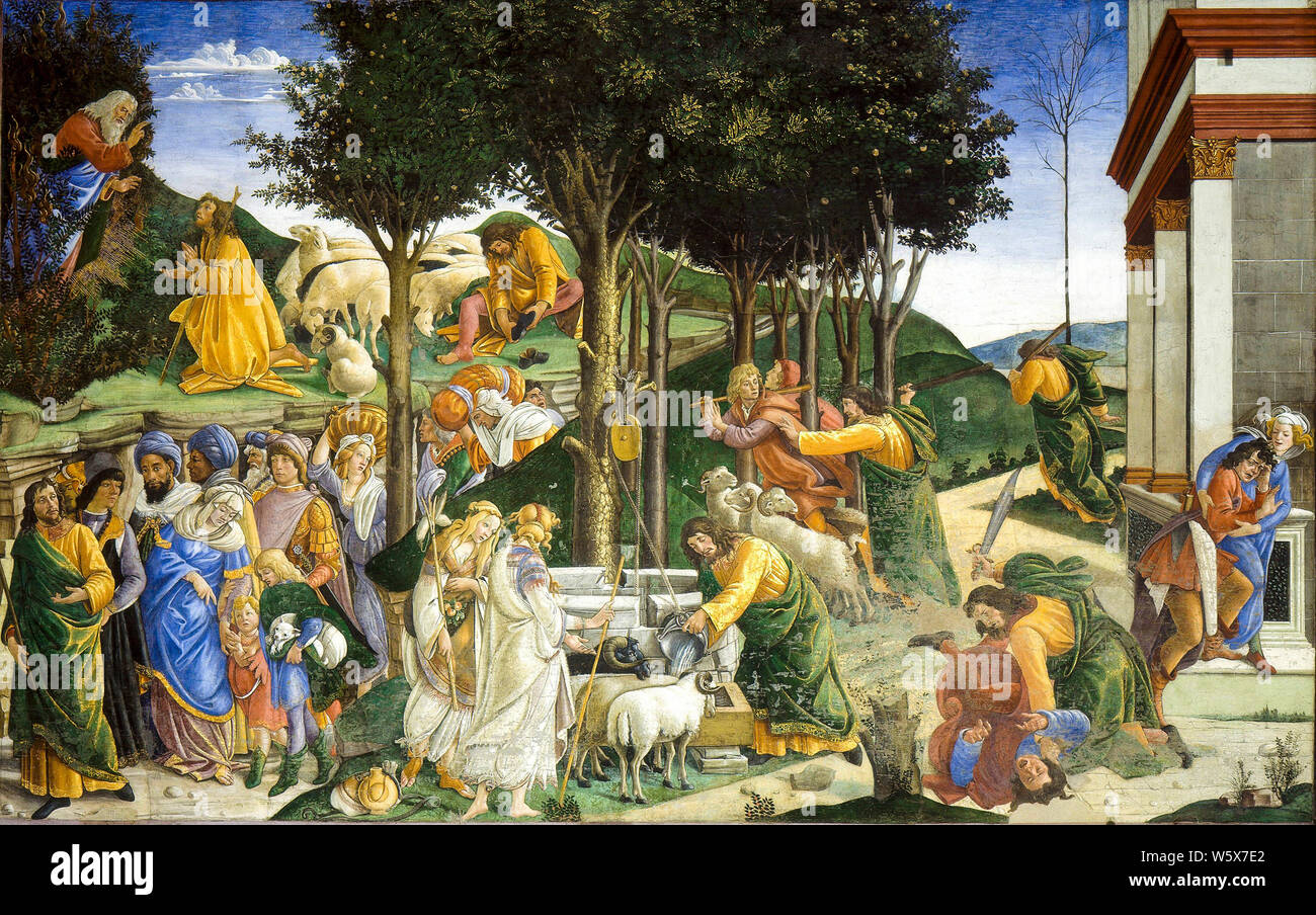 Sandro Botticelli, The Trials of Moses, fresco, 1481-1482 Stock Photo