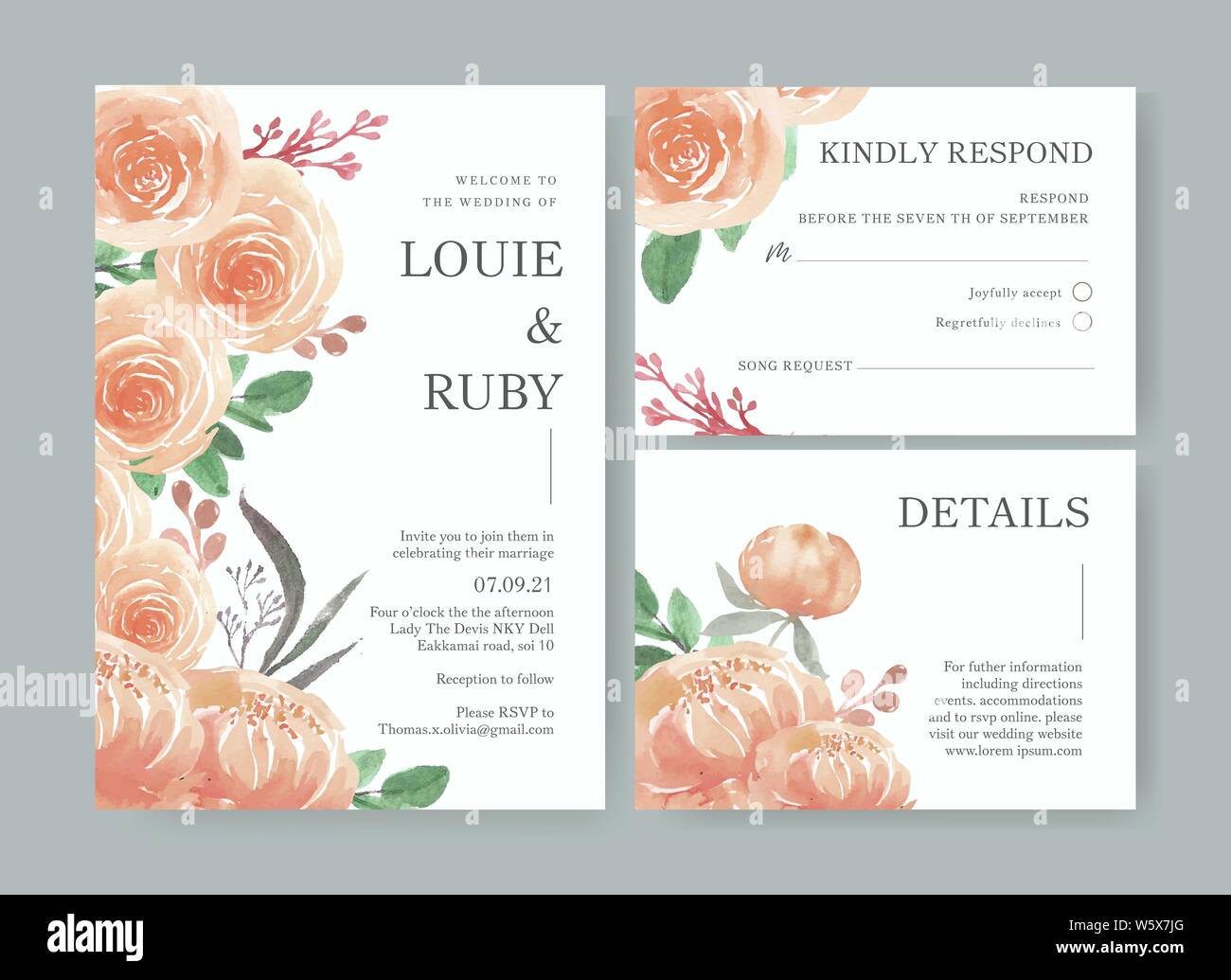 wedding card flower watercolor, thanks card, invitation