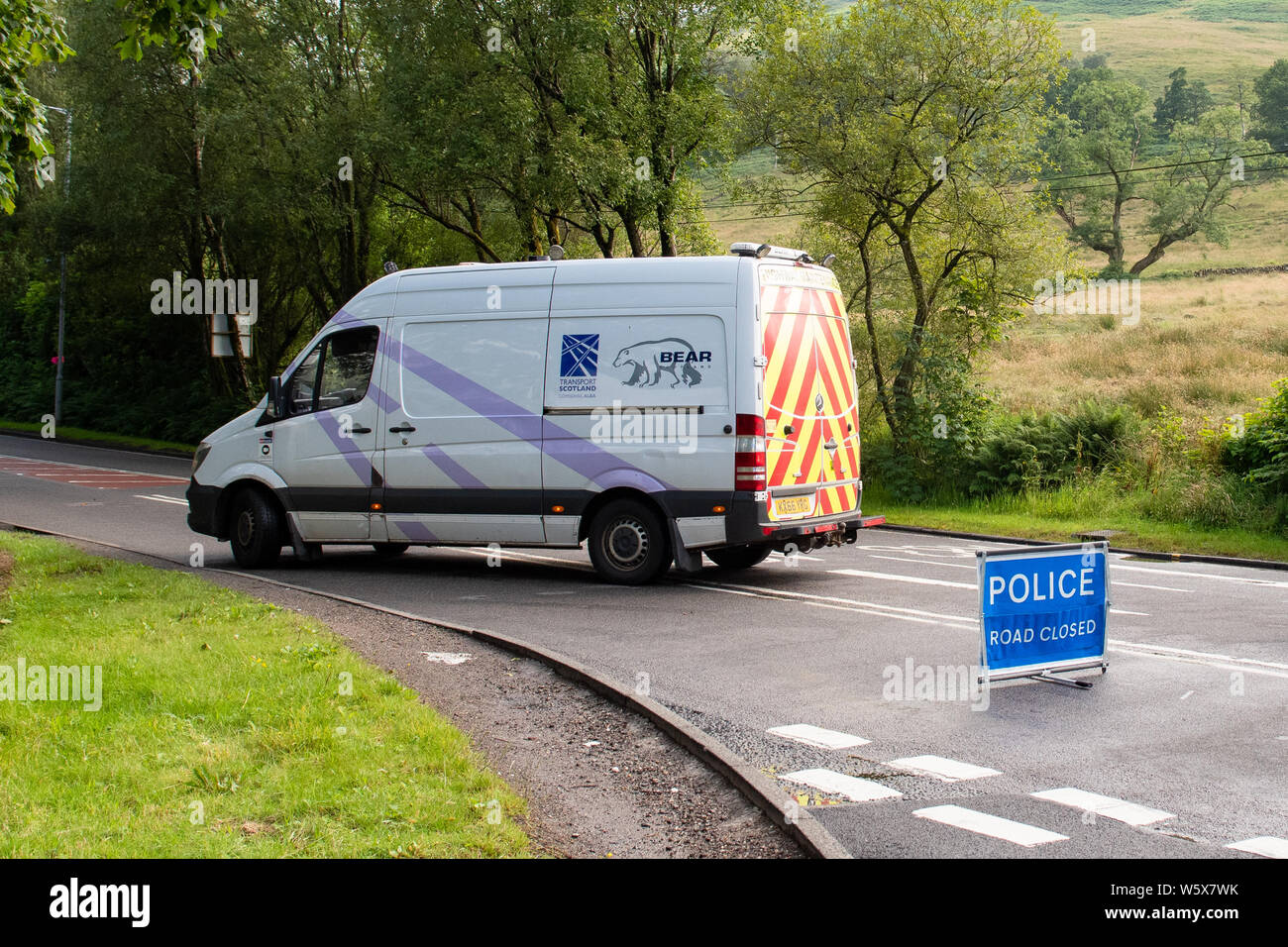 Bear Scotland van on A82 road closed near Tarbet due to road traffic accident, Tarbet,  Argyll and Bute, Scotland, UK Stock Photo