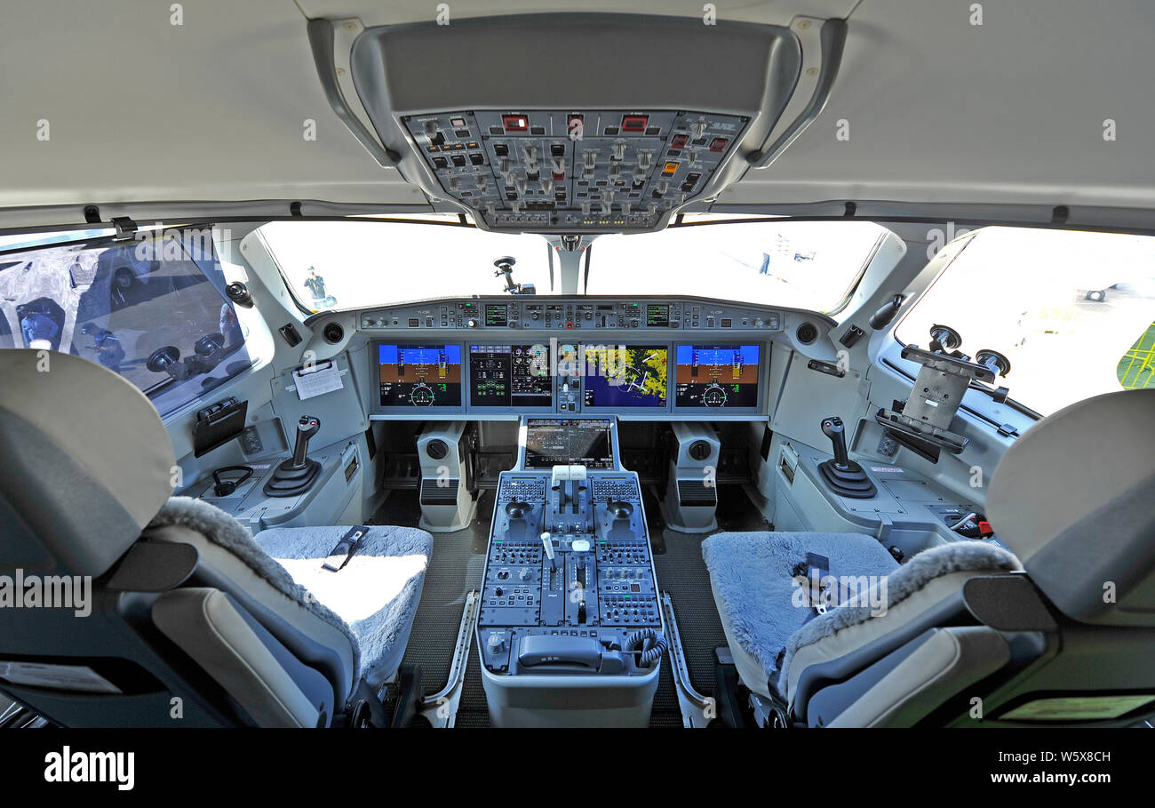 Interior view of an Airbus airBaltic A220-300 new generation single aisle aircraft after it arrived at Zhuhai Jinwan Airport for the 12th China Intern Stock Photo