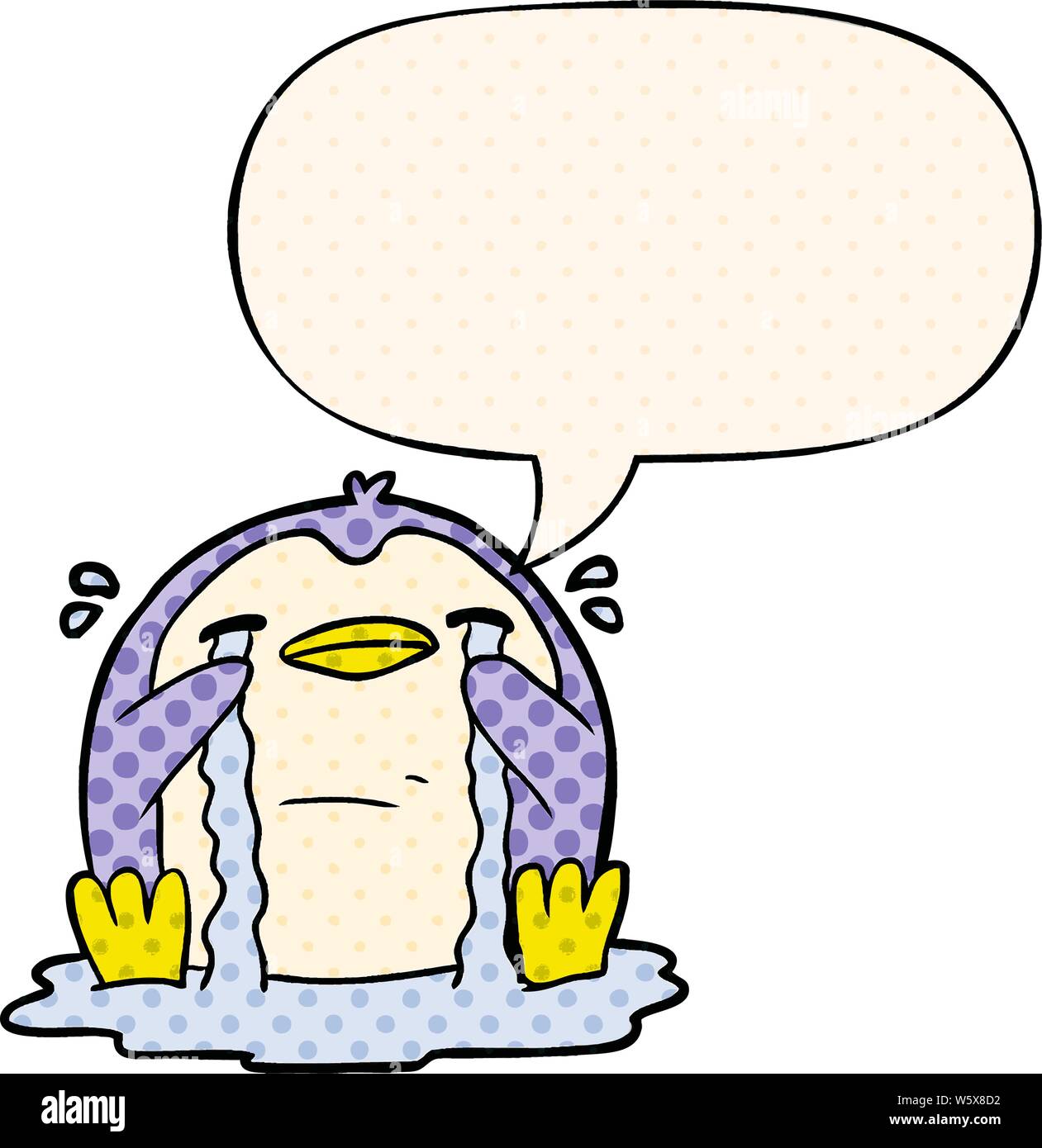 cartoon crying penguin with speech bubble in comic book style Stock Vector
