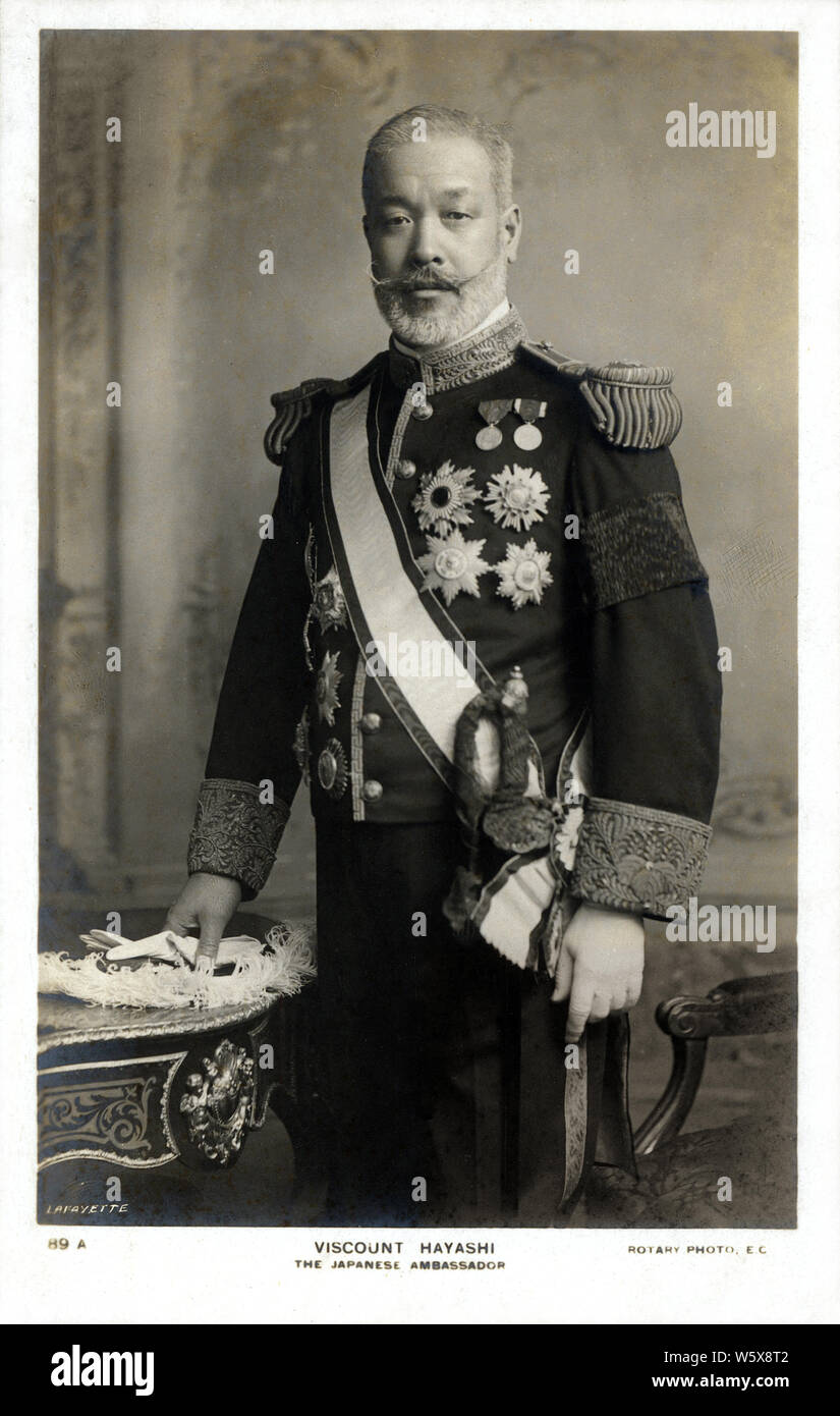 [ 1900s Japan - Count Tadasu Hayashi ] —   Count Tadasu Hayashi (林 董, 1850–1913) was a career diplomat and cabinet minister in Meiji period Japan. Hayashi concluded agreements with France (the Franco-Japanese Agreement of 1907) and Russia (the Russo-Japanese Agreements of 1907-1916). He served as Minister of Communications in the second Saionji cabinet and as interim foreign minister (1911–12). He was elevated to the title of count (hakushaku) in 1907 (Meiji 40).  20th century vintage postcard. Stock Photo