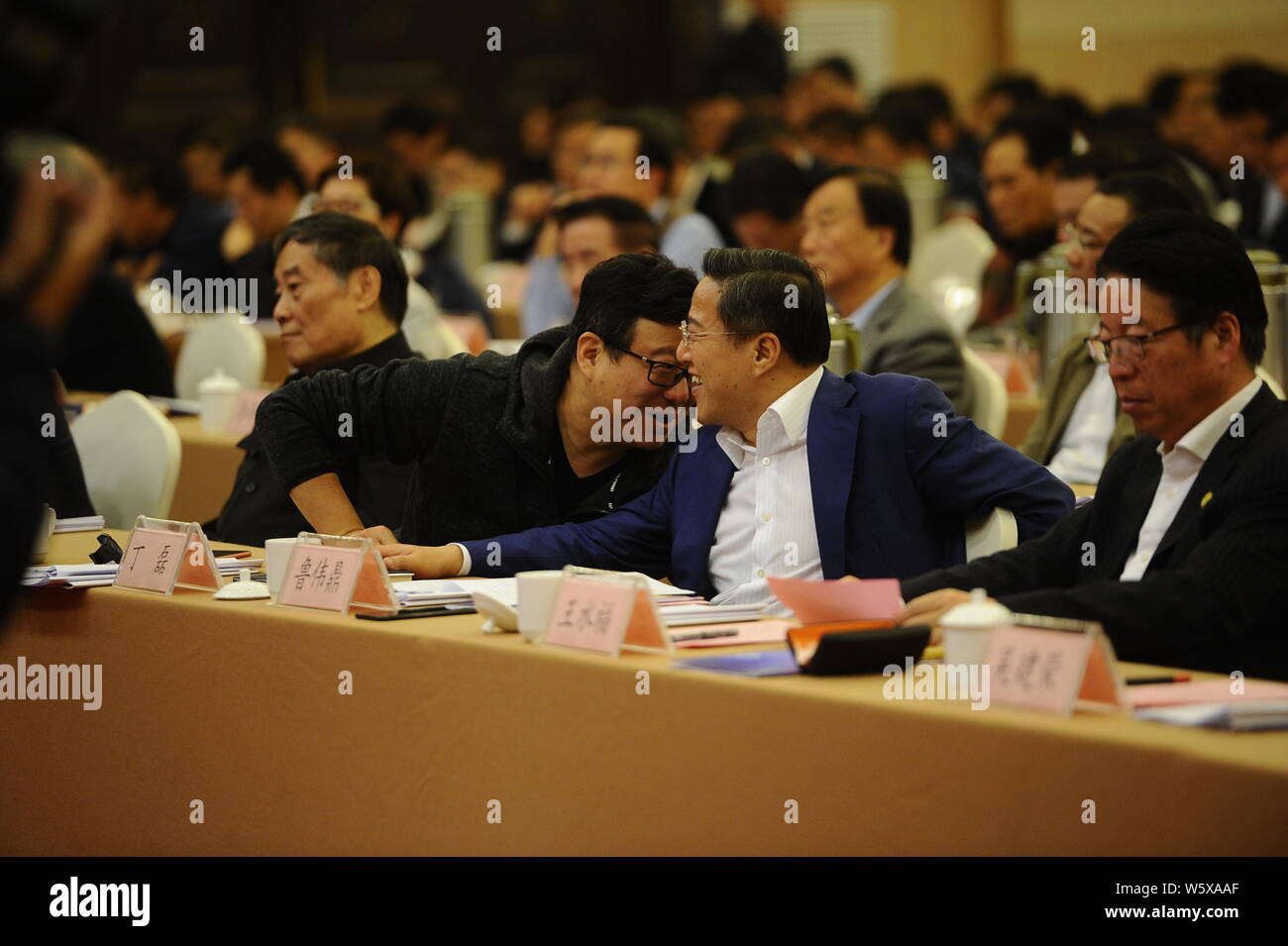 William Ding or Ding Lei, left, CEO of Netease (163.com), talks with Lu Weiding, Chief Executive Officer and President of Wanxiang Group, during the H Stock Photo
