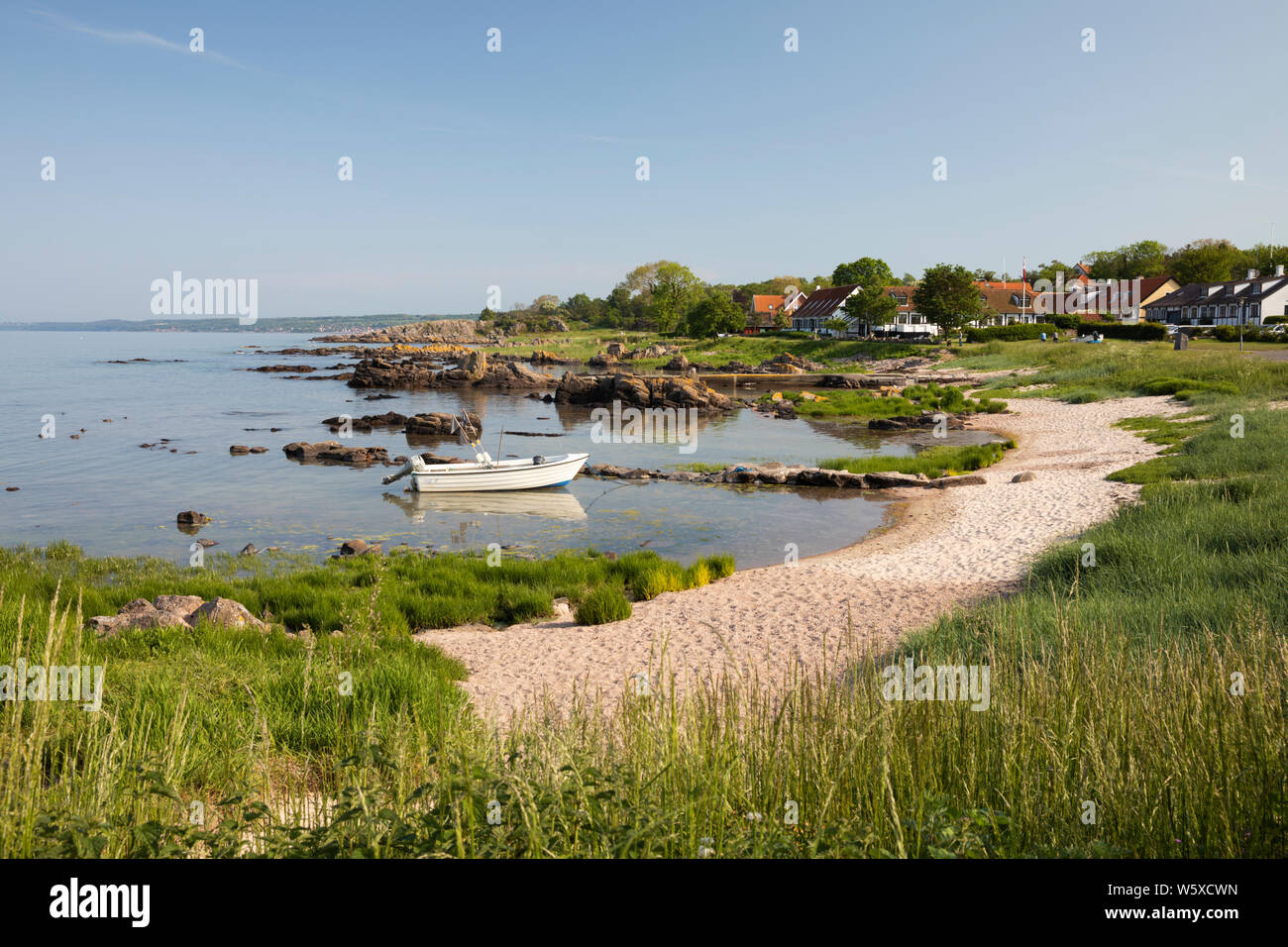View over white sand beach, Allinge, Bornholm Island, Baltic sea, Denmark, Europe Stock Photo