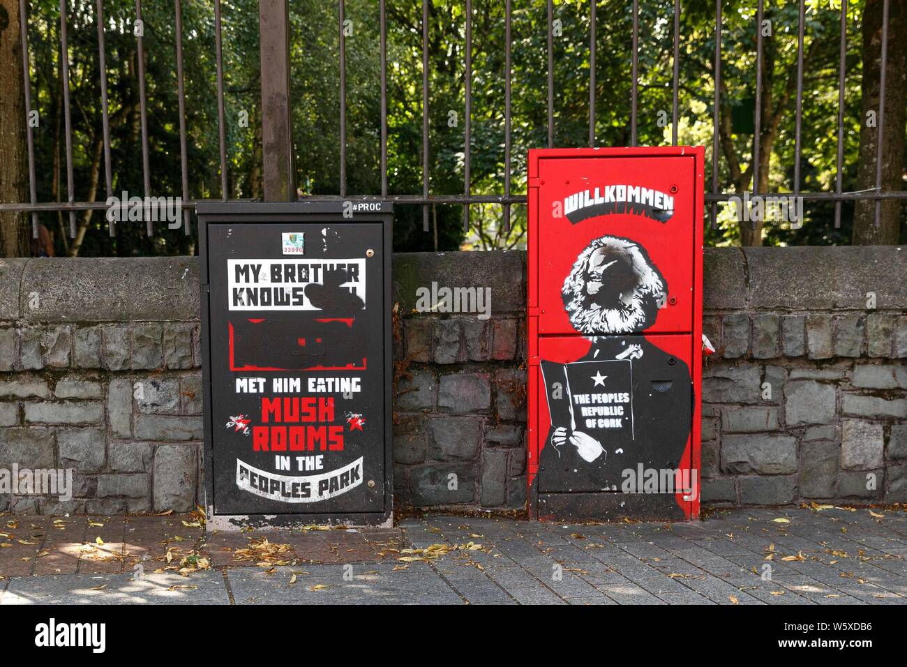 Cork, Ireland, 30 July , 2019.   Reimagine Cork Electricity Box Vandalised, Cork City. The electricity box located on Grand Parade outside Bishop Lucey Park was recently vandalised, the box which was painted in 2016 by Reimagine Cork was a tribute to Cork punk band, The Sultans of Ping FC. The song quotes lyrics from their song 'Where's My Jumper' and is accompanied by an image of philosopher and founder of Marxism, Karl Marx.  Credit: Damian Coleman Stock Photo