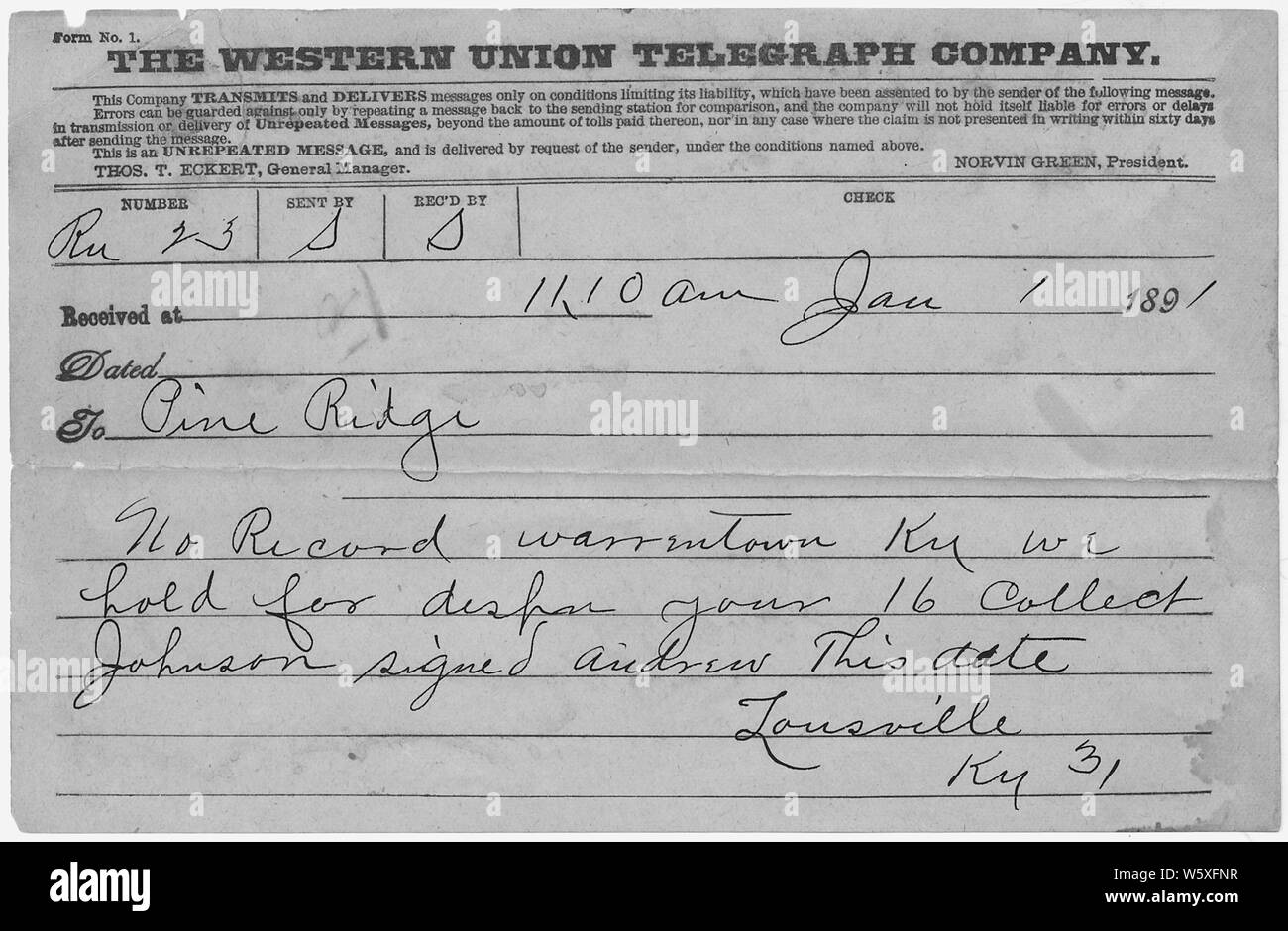 Regarding Warrenstown, Kentucky; Scope and content:  This is document pertains to: Correspondence Between Military Officers Regarding Wounded Knee Tragedy. November 24, 1890 to January 24, 1891. Stock Photo