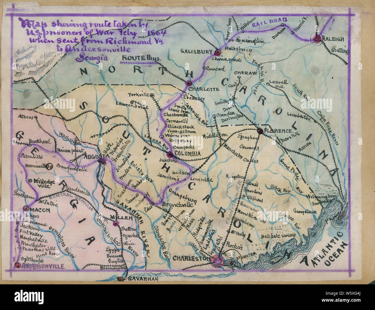 Civil War Maps 1058 Map showing route taken by US prisoners of war Feby 1864 when sent from