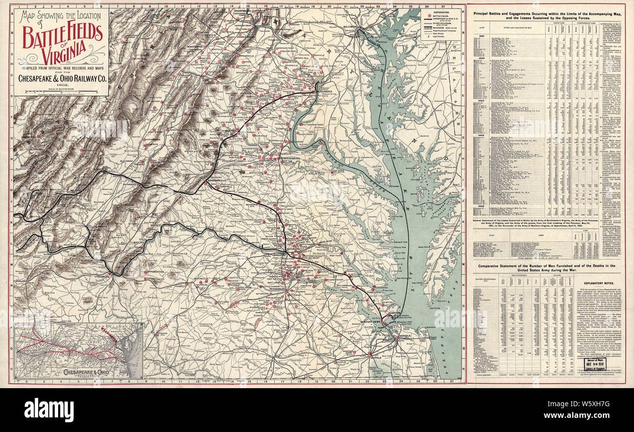 Civil War Maps 1074 Map showing the location of battle fields of Virginia compiled from official war records and maps for the Chesapeake Ohio Railway Co Rebuild and Repair Stock Photo
