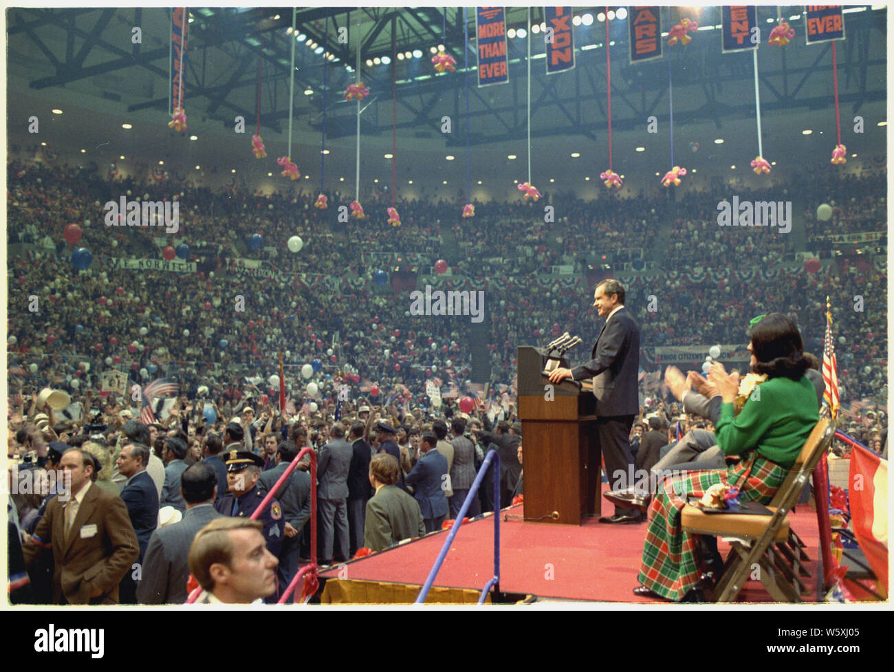 Richard M. Nixon speaking at a campaign event at Nassau County Coliseum in New York.; Scope and content:  Pictured: Richard M. Nixon. Subject: Campaign - 1972. Stock Photo