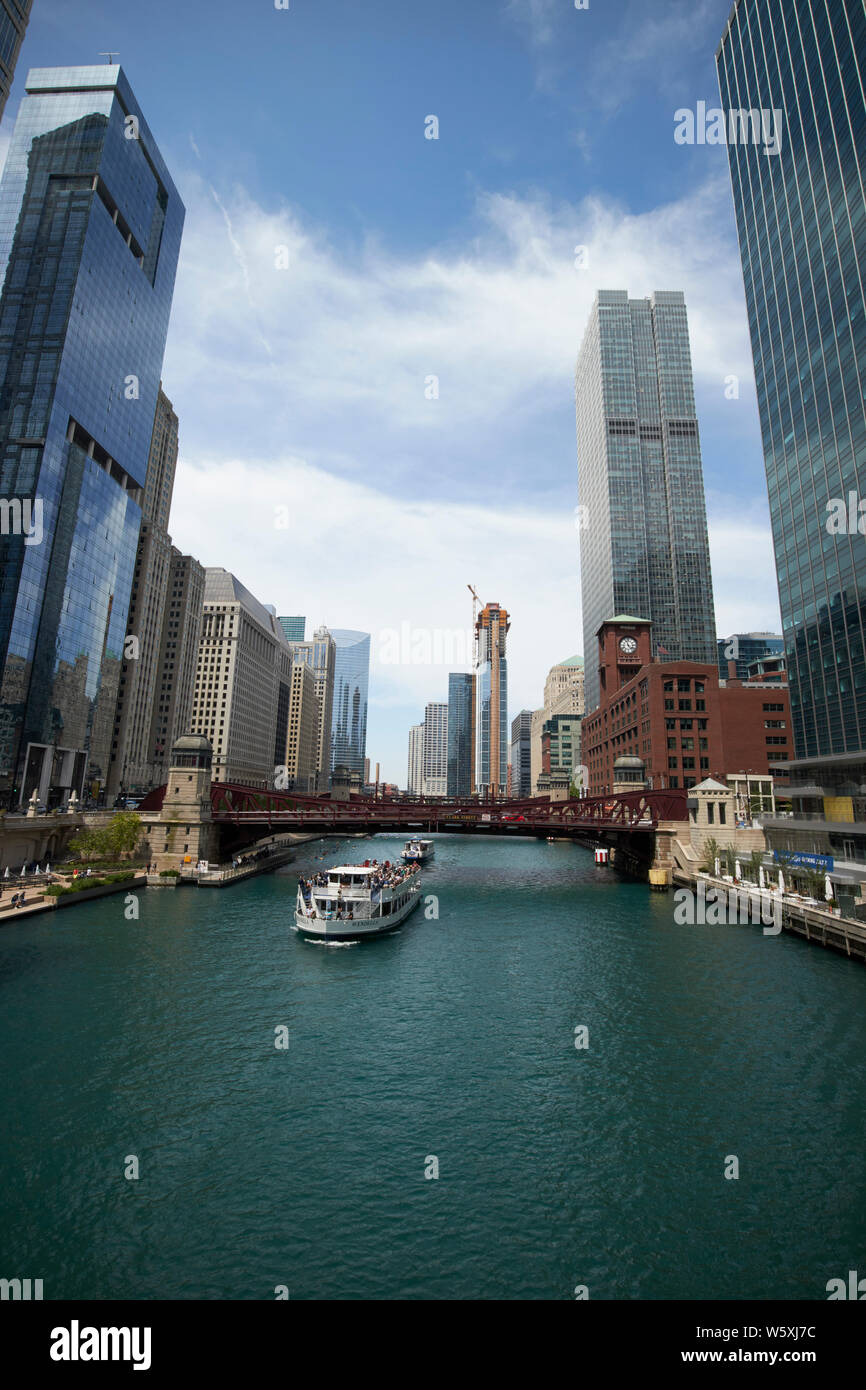 looking along the chicago river towards the clark street bridge and wolf point downtown Chicago IL USA Stock Photo
