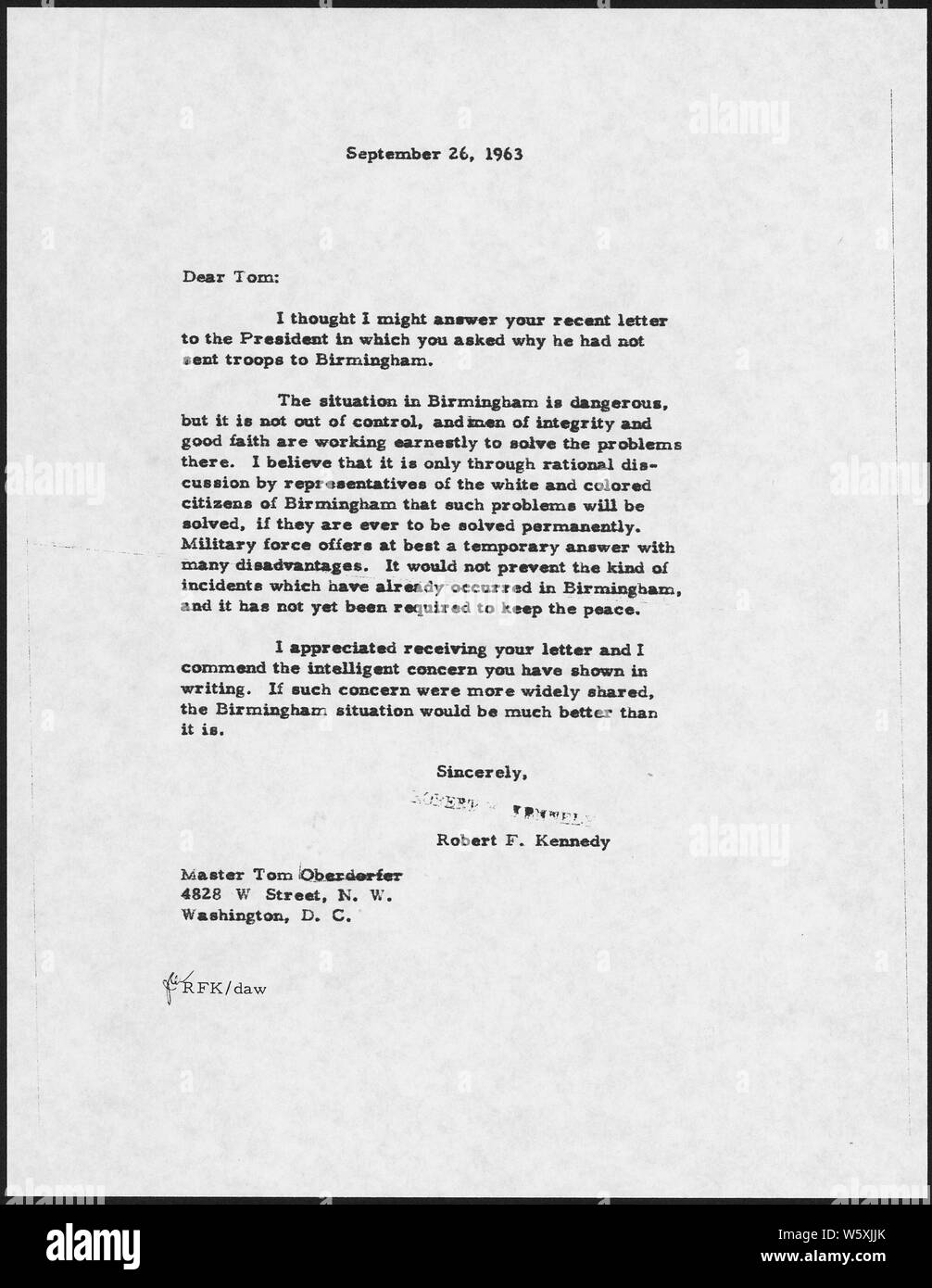 Robert F. Kennedy Letter Birmingham, Alabama September 26, 1963; Scope and content:  Robert F. Kennedy's response to child's letter on stituation in Birmingham, Alabama. General notes:  Kennedy,John F. Stock Photo