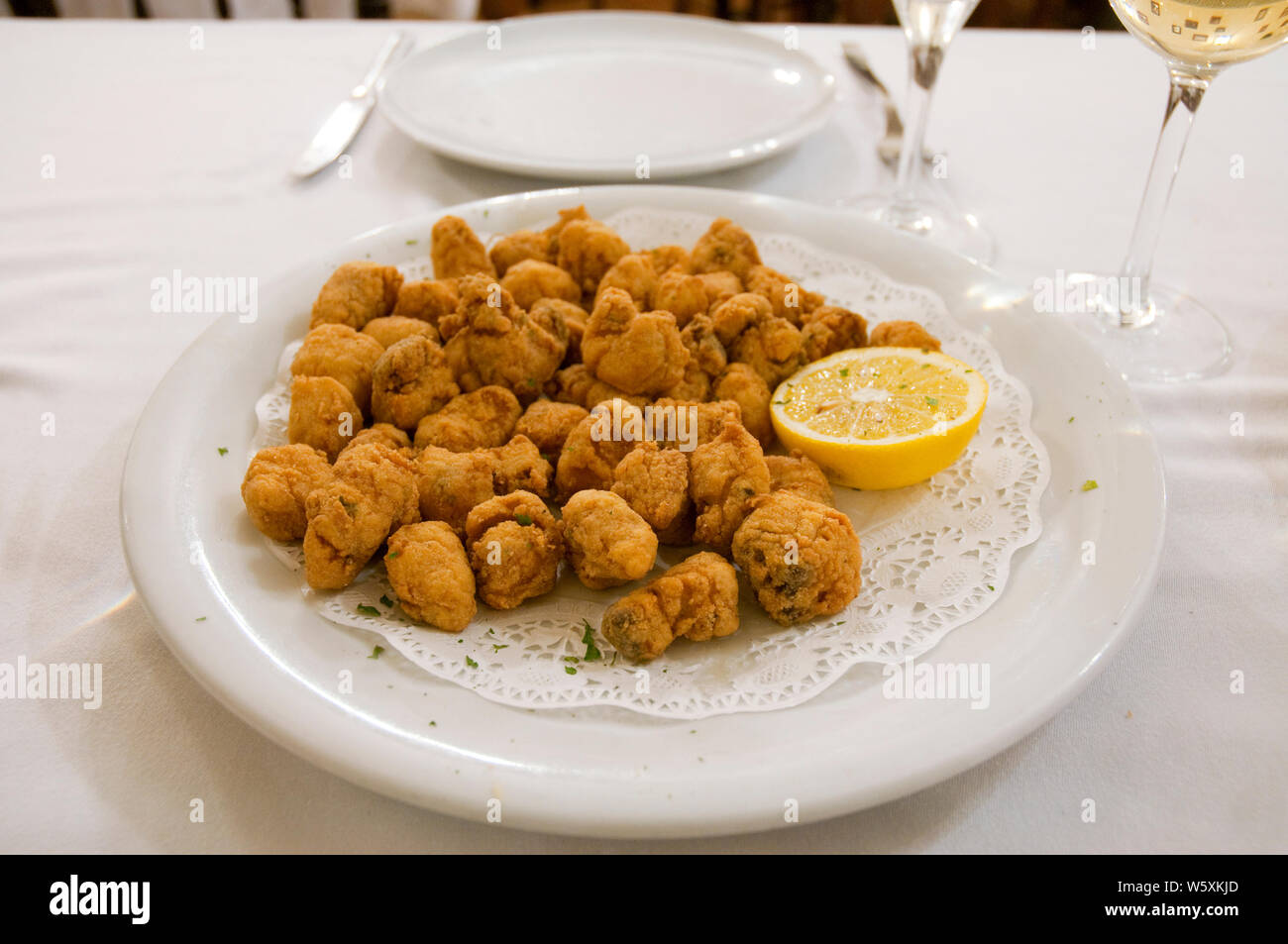 Cazon en adobo, typical fried fish. Cadiz, Andalucia, Spain. Stock Photo