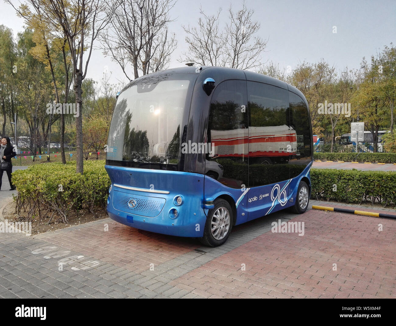 The Apolong, China's first self-driving microcirculation electric minibus jointly developed by Baidu and the Chinese commercial vehicle maker King Lon Stock Photo