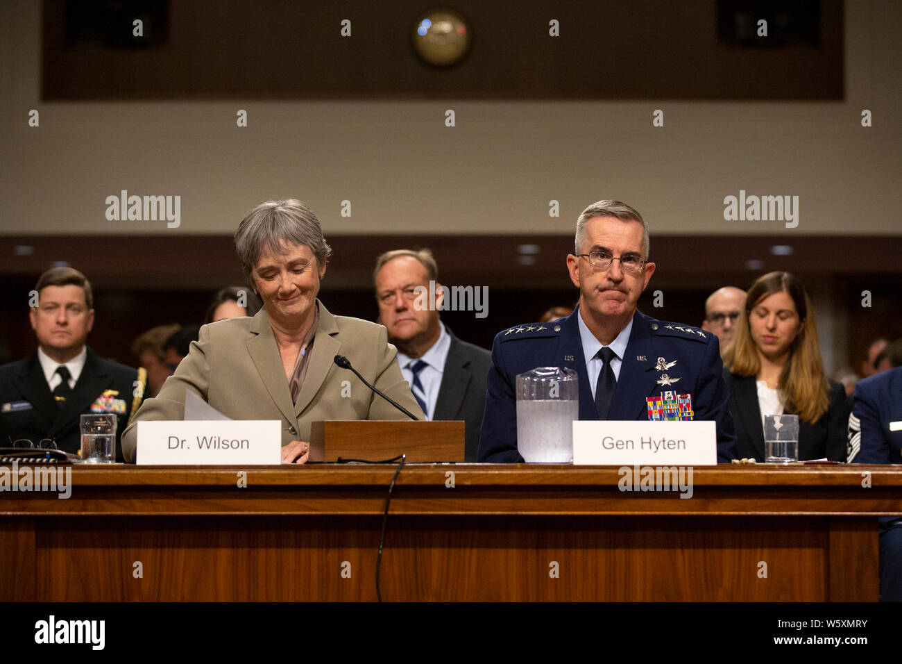 United States Secretary of the Air Force Dr. Heather Wilson, left, and Air Force General John Hyten, who is nominated to become Vice Chairman Of The Joint Chiefs Of Staff, testify before the U.S. Senate Committee on Armed Services during his confirmation hearing on Capitol Hill in Washington, DC, U.S. on July 30, 2019. Credit: Stefani Reynolds/CNP /MediaPunch Stock Photo