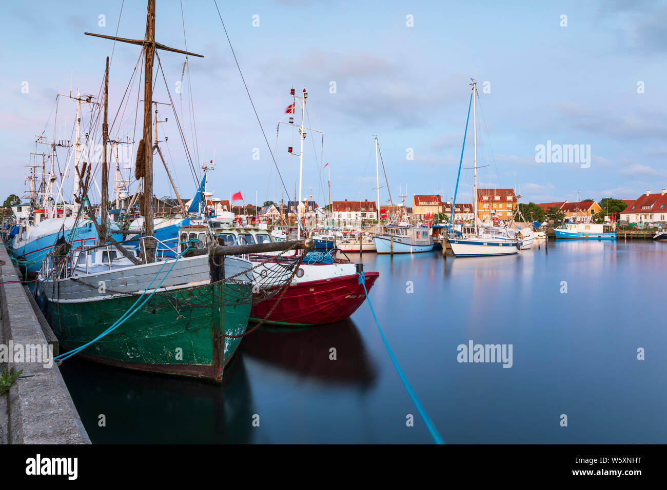 View over fishing boats and yachts in the fishing harbour, Gilleleje, Region Hovedstaden, Zealand, Denmark, Europe Stock Photo
