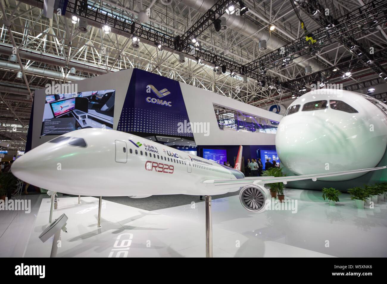 A model of the CR929 widebody passenger jet displayed by Sino-Russian joint venture CRAIC and jointly developed by Russia's United Aircraft Corporatio Stock Photo