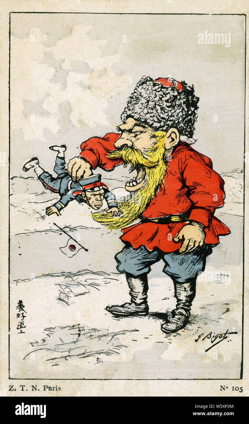 1900s Japan - Satirical Illustration of Russo-Japanese War ]  Satirical  illustration from the Russo-Japanese War (1904-1908). A Russian giant is  grabbing a midget Japanese soldier dropping the Japanese flag. Illustration