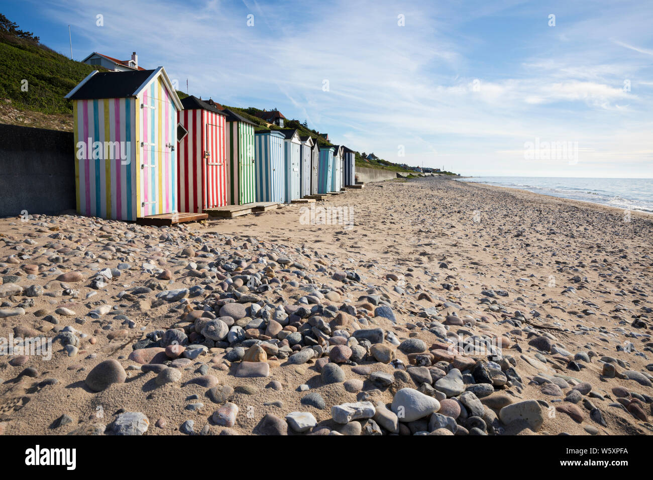 Colourful beach huts along the beach at Rageleje Strand, Rageleje, Region Hovedstaden, Zealand, Denmark, Europe Stock Photo