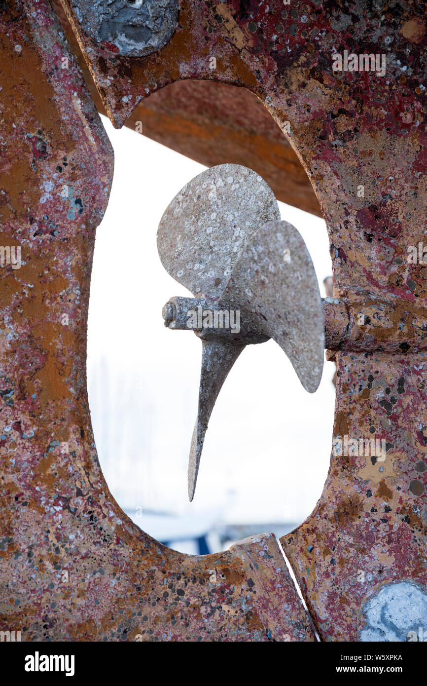 Detail of ship's propeller with barnacles and rust, Gilleleje, Zealand, Denmark, Europe Stock Photo