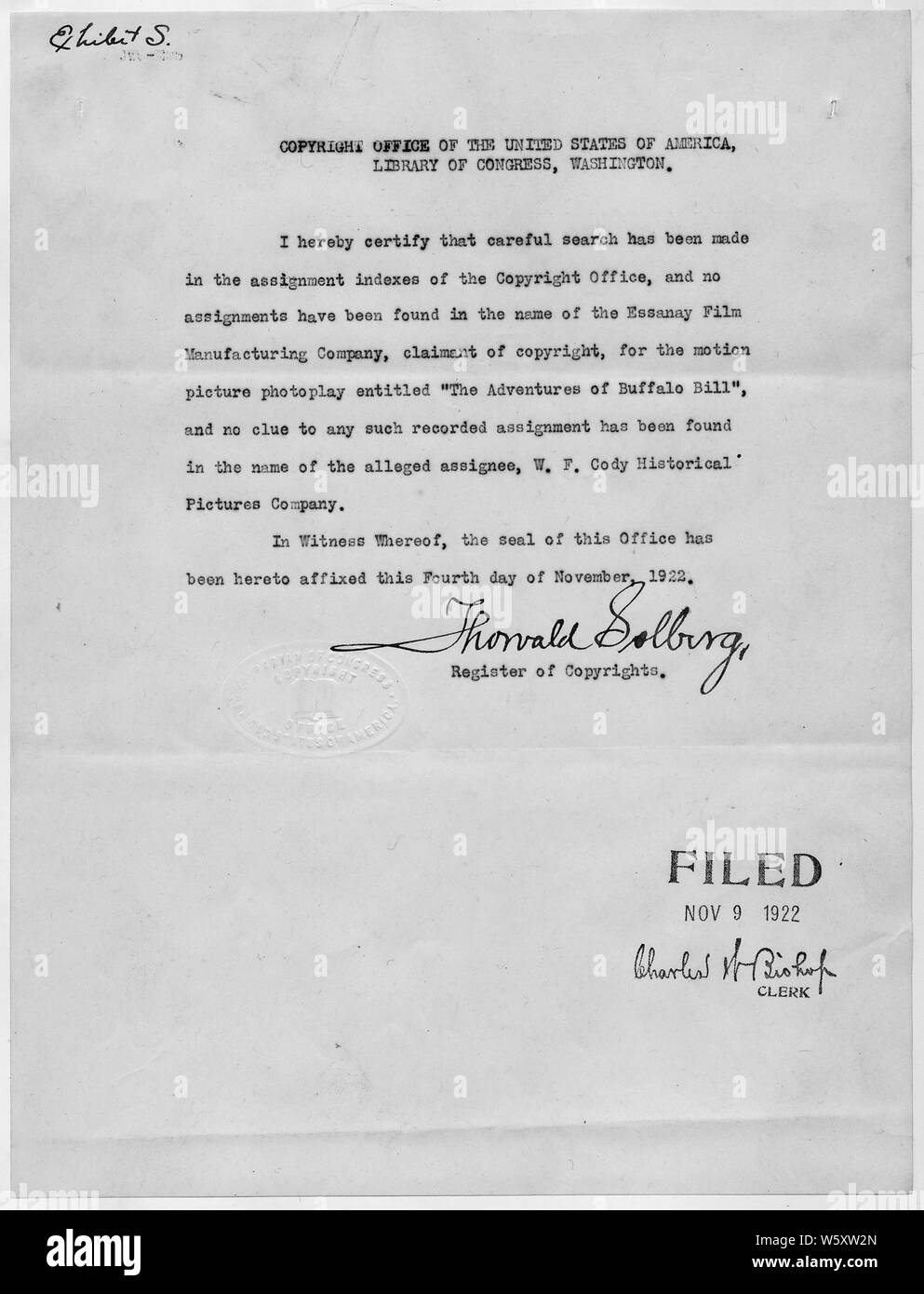 Search of copyright for The Adventures of Buffalo Bill.; Scope and content:  The register of copyrights certifies that no copyright can be located for Cody Historical Pictures Company for the title The Adventures of Buffalo Bill. Stock Photo