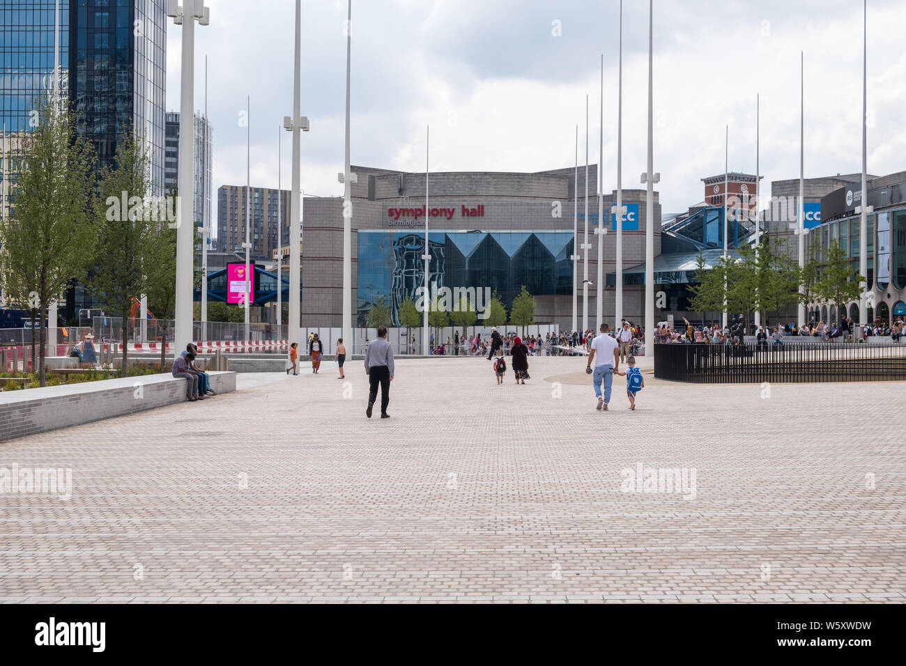 View along newly refurbished Centenary Square towards Symphony Hall and the International Convention Centre in Birmingham city centre Stock Photo