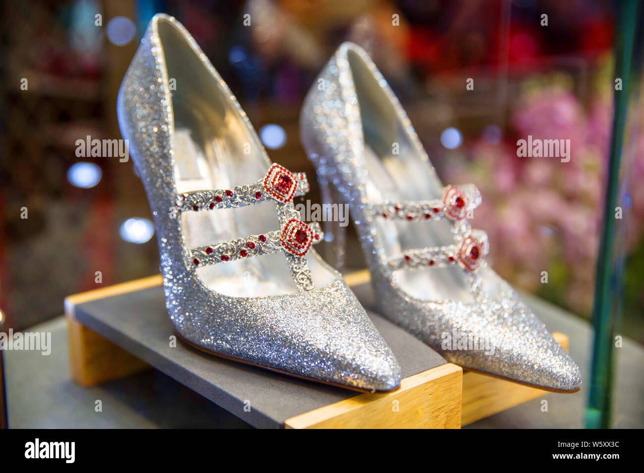 A pair of Jimmy Choo's luxury high heel shoes is on display during the First China International Import Expo (CIIE) and the Hongqiao International Eco Stock Photo