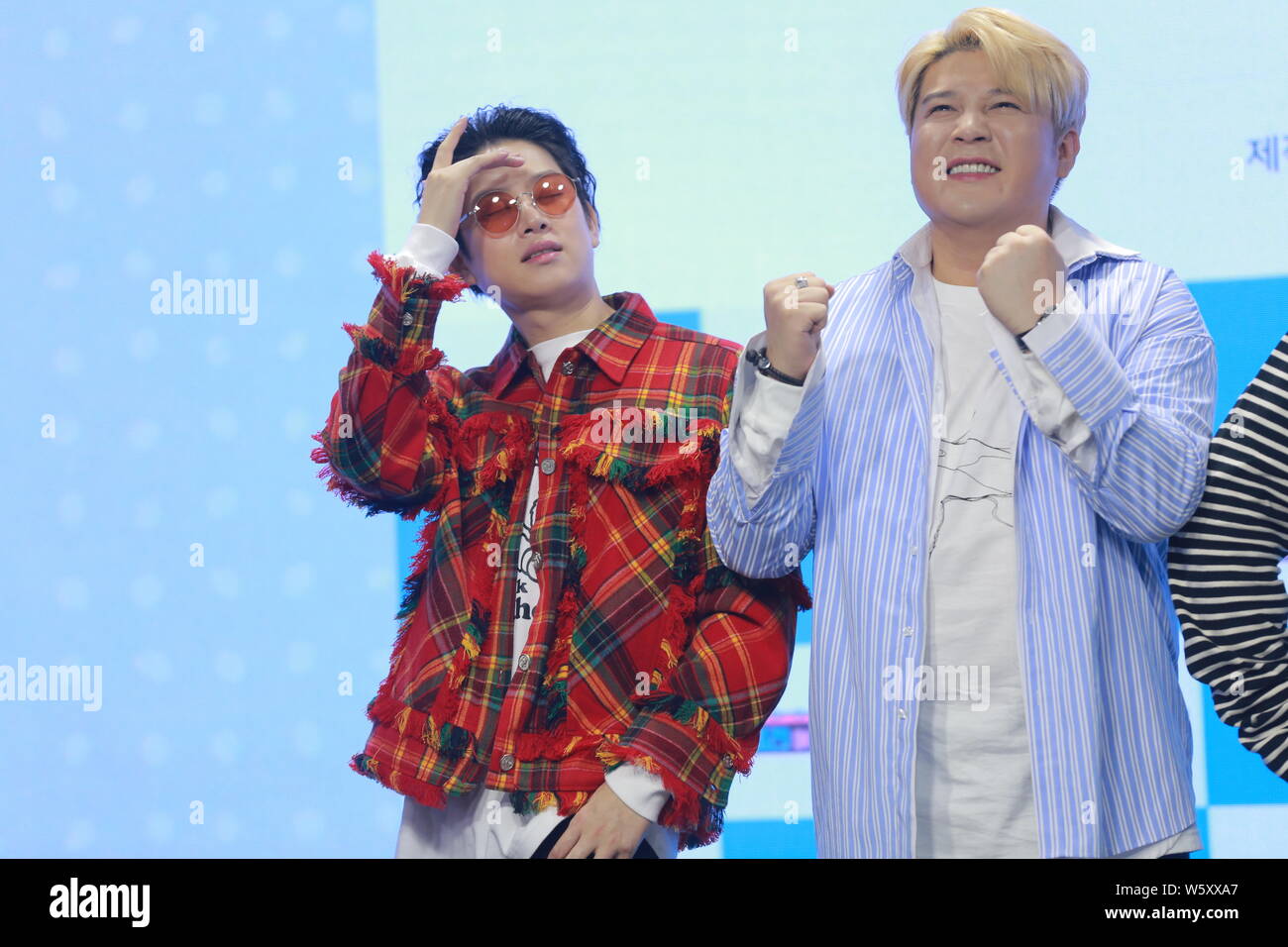 South Korean singer and actor Kim Hee-chul, left, better known by the mononym, and South Korean singer and MC Shin Dong-hee, better known by his stage Stock Photo