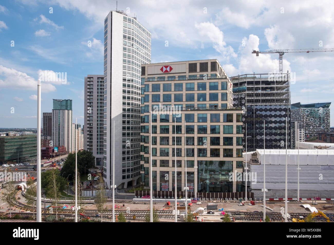 View of Alpha Tower and the new HSBC Head Office in Broad Street, Birmingham from the library roof garden Stock Photo