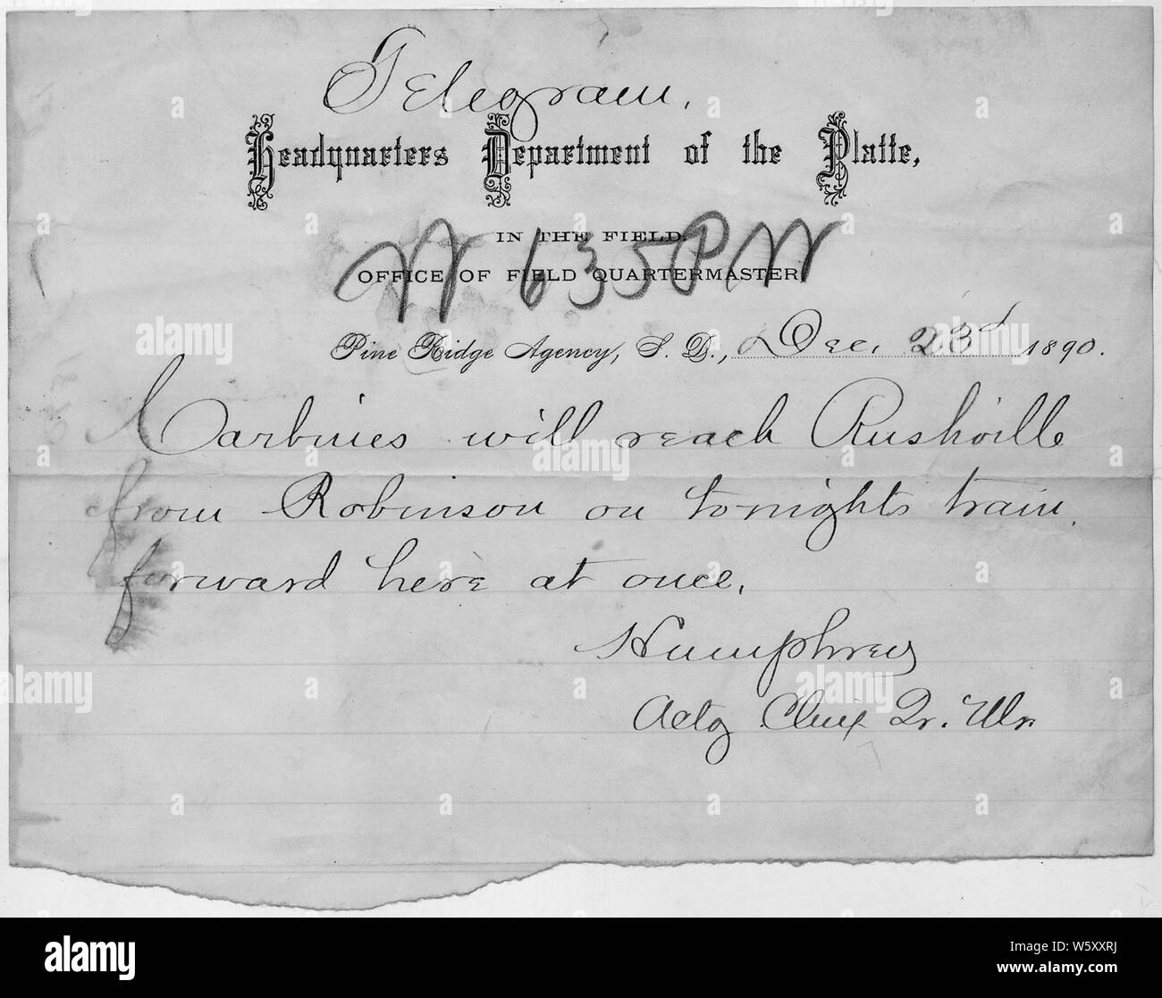 Shipment of Carbines from Fort Robinson to Rushville, Nebraska.; Scope and content:  This is document pertains to: Correspondence Between Military Officers Regarding Wounded Knee Tragedy. November 24, 1890 to January 24, 1891. Stock Photo