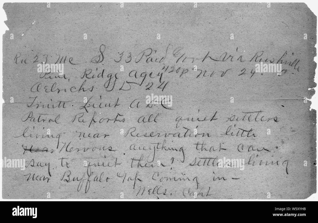 Situation Report; Scope and content:  This is document pertains to: Correspondence Between Military Officers Regarding Wounded Knee Tragedy. November 24, 1890 to January 24, 1891. Stock Photo