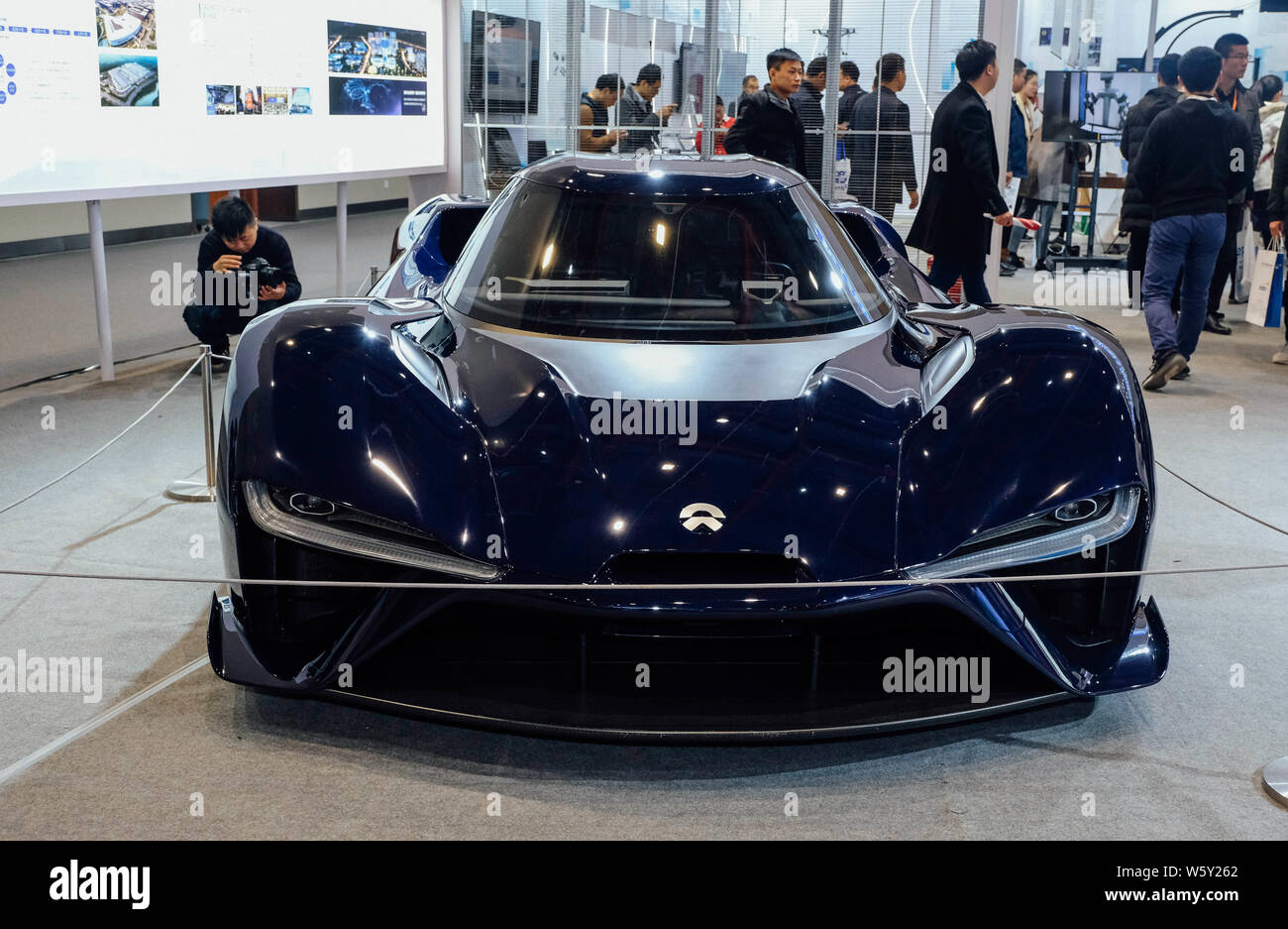 A NIO EP9 electric supercar of NextEV is on display during the 15th Optics Valley of China (OVC) International Expo in Wuhan city, central China's Hub Stock Photo
