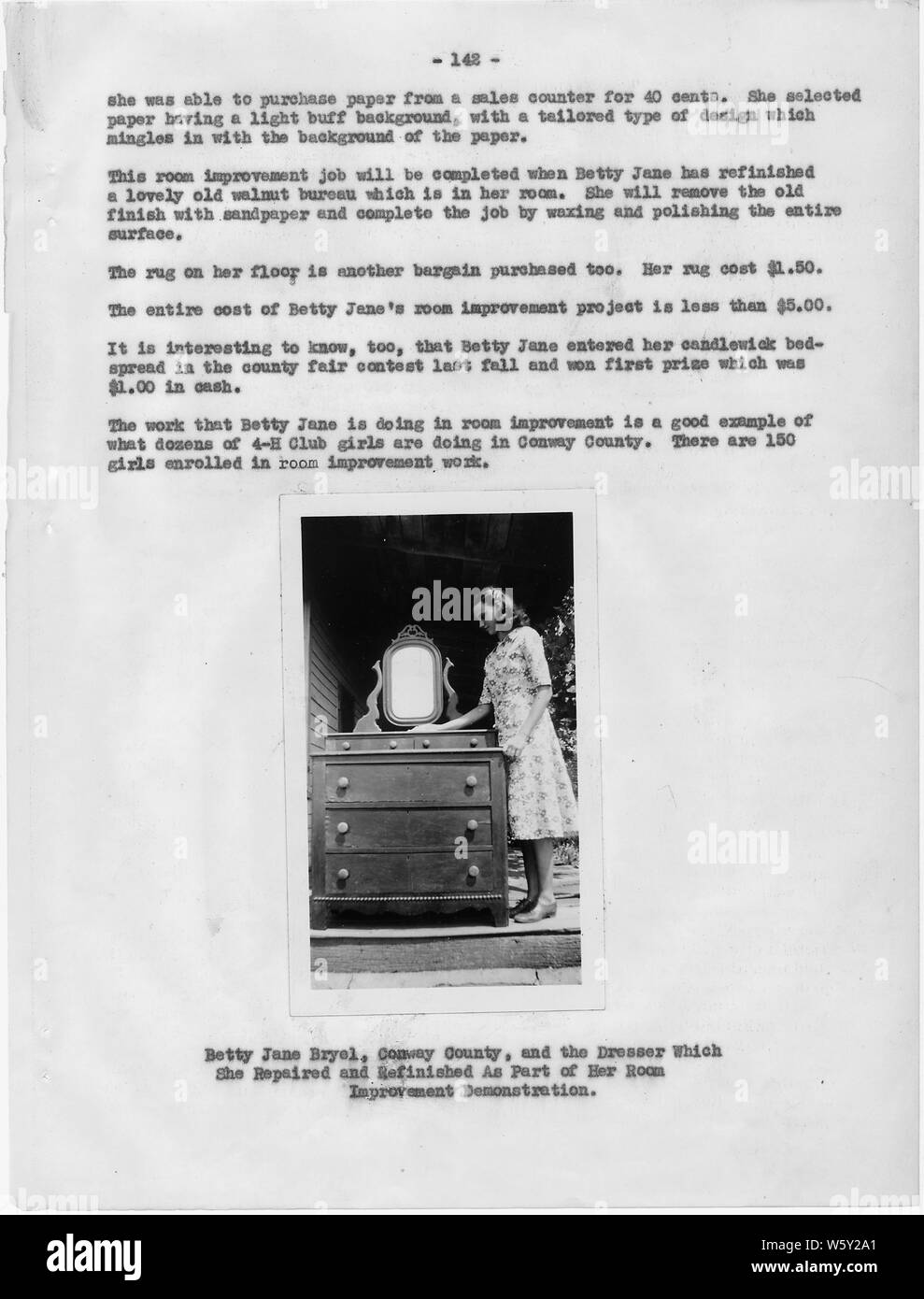 State Reports, 1939; General notes:  This report includes on page 142 a photograph of Betty Jane Bryel, Conway County and the dresser which she repaired and refinished as part of her room improvement demonstration. Stock Photo