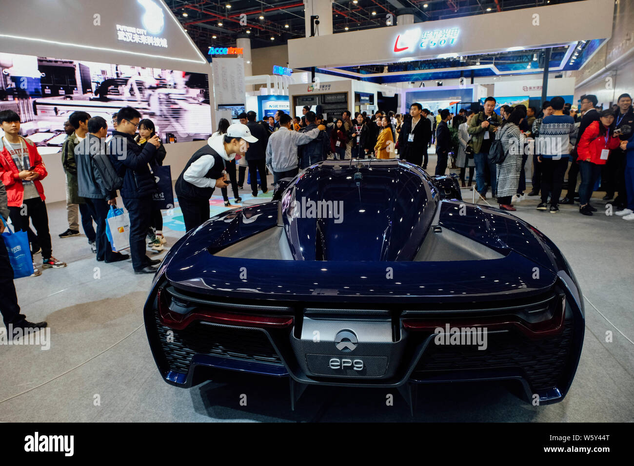 A NIO EP9 electric supercar of NextEV is on display during the 15th Optics Valley of China (OVC) International Expo in Wuhan city, central China's Hub Stock Photo