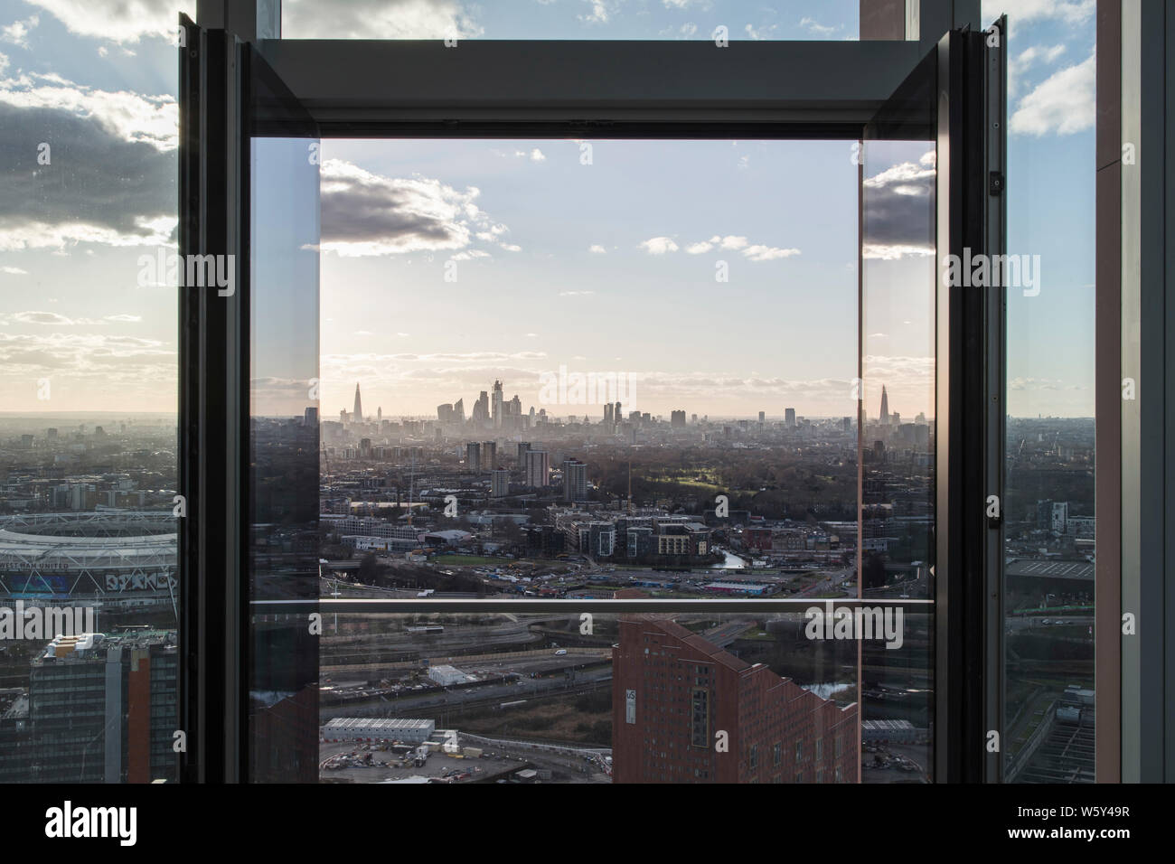 View towards London's skyline in the south west. The Stratford - Manhattan Loft Gardens, London, United Kingdom. Architect: Skidmore Owings & Merrill, Stock Photo