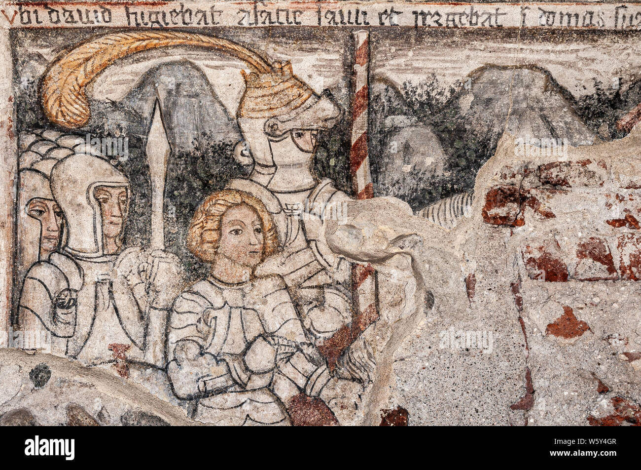 Italy Piedmont  Romagnano Sesia Benedictine Abbey of San Silano (San Silvano) cellar  of saints Frescoes -  David together with his companions, dressed as knights, who leave the city on horseback Stock Photo
